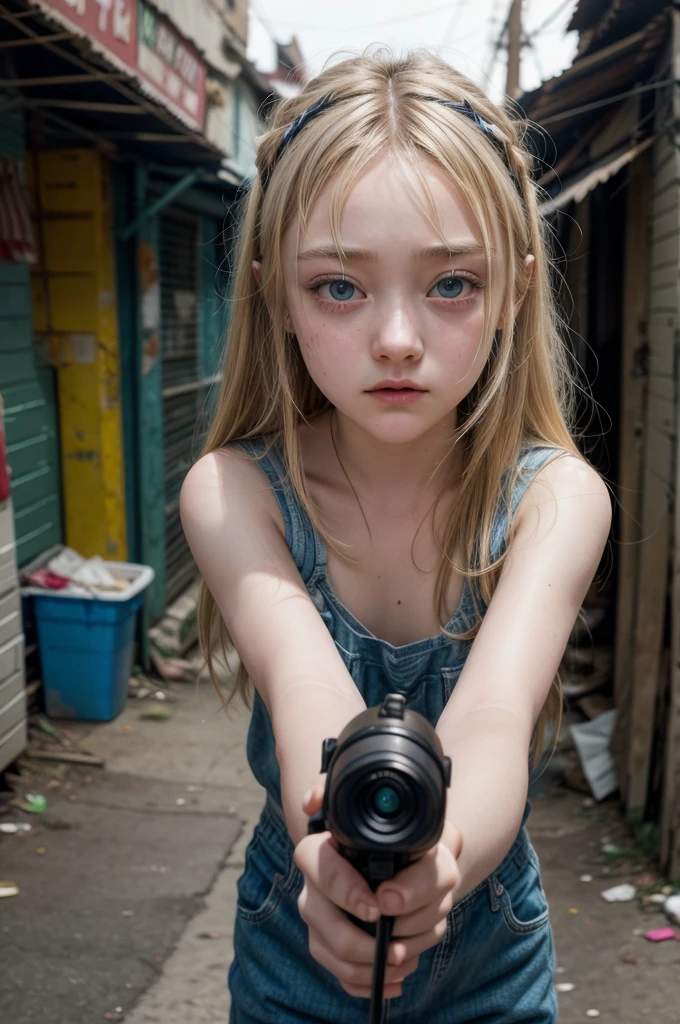 Dakota Fanning, , city scene, slum, Look at the viewer, dirty face, aiming a mw11 gun, foreshortening