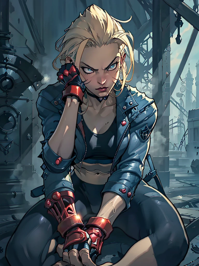 "(exquisitely detailed CG unity 8k wallpaper, masterpiece-quality with stunning realism), (best illumination, best shadow), (best quality), (elegant and demonic style:1.2), (closeup:1) Arti modern anime. angled view, heroic pose, closeup full body portrait medium shot of cammy, navy blue sports bra, light blue open jacket, navy blue yoga pants, red gloves, Abdominal muscle, muscles, (eyes looking at viewer:1.0), abs, depth of field blur effect, night, full zoom, action portrait, photorealistic. cinematic lighting, highly detailed. best quality, 4k, Better hand, perfect anatomy, leaning forward, foreshortening effects, (leaning forward:1) (cute coy flirty sexy expression), foreshortening effect, (piercing eyes:0.8), surrounded by an ominous and dark atmosphere, accentuated by dramatic and striking lighting, imbued with a sense of surreal fantasy", (mature:0.5) (in london city in the afternoon:1.5) (alone:1.5) (pretty cute face:1.3) (secret agent pose:1) (elegantly sitting:1.5)