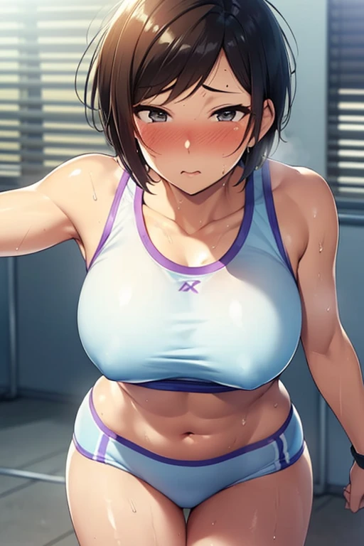 (highest quality:1.2),(perfect beautiful face:1.2),(perfect and beautiful posture:1.2),(Solo,Japanese mature woman standing,((messy short cut hair:1.2), (confused:1.3,embarrassed), shyness:1.1),(Chubby:0.8), (Sweaty, sunburned skin:1.3), thick muscles), ((White sports bra),Sporty panties)lowrise, close-up of armpit, mouth open sloppily,Drooling,(at city:1.3,cowgirl position),Looking at viewer,puffy areolae,midriff baring,at gym garage