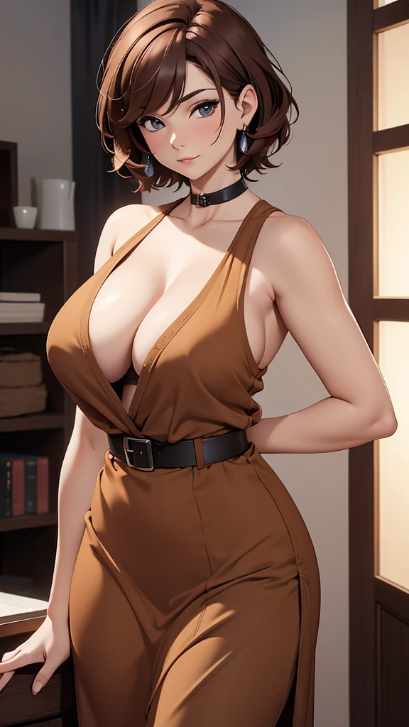 (masterpiece), (4k), ) (vivid colors), (evening light) 40 year old woman with short brown hair, dressed as an ordinary housewife with a long simple brown dress and a black belt with a seductive pose and look, huge and very sagging chest