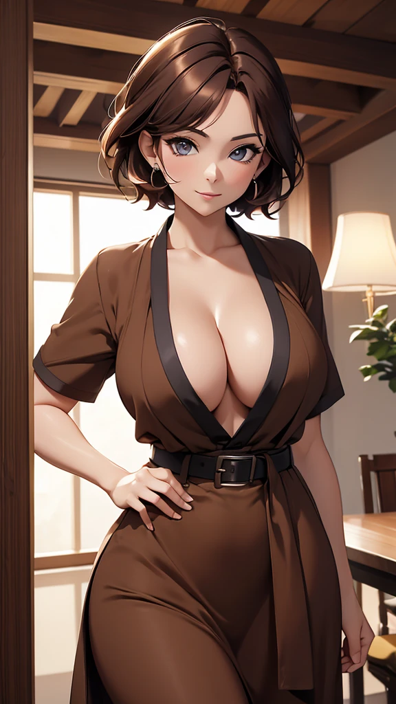 (masterpiece), (4k), ) (vivid colors), (evening light) 40 year old woman with short brown hair, dressed as an ordinary housewife with a long simple brown dress and a black belt with a seductive pose and look, huge and very sagging chest