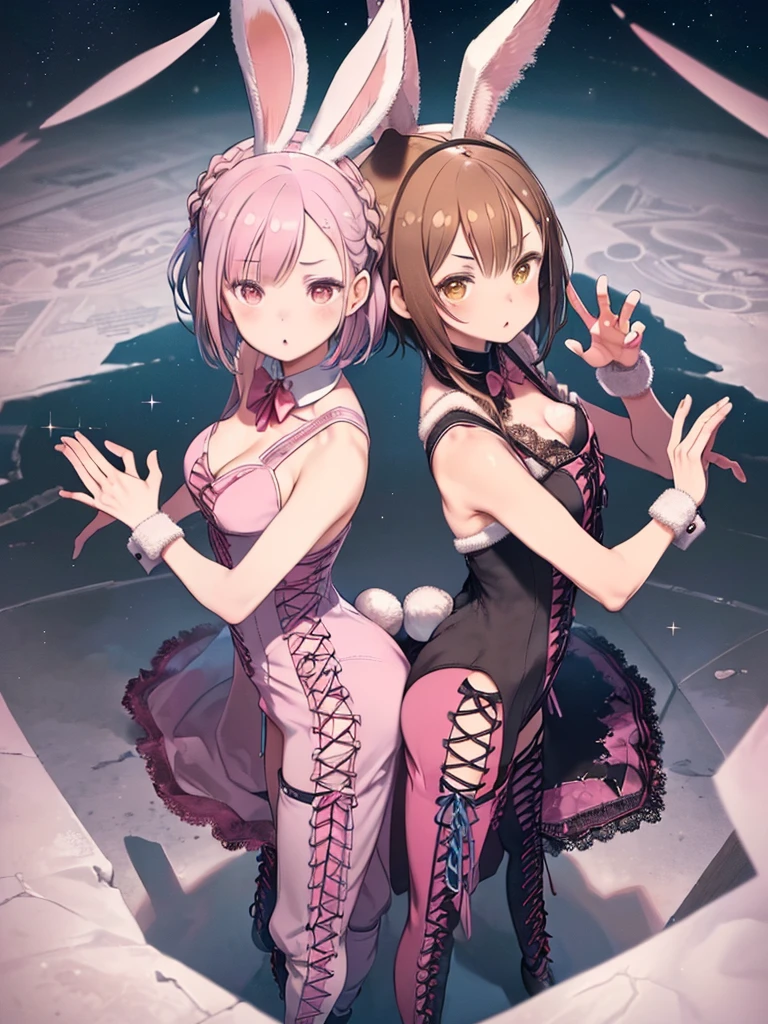 ((Brown Hair)),((Braided Short Hair)),((had black eyes)),A slight red tide,(With bangs),(Lace-up Costumes:2.0),(Rabbit illustration:1.5),(Rabbit ears:1.75),(Cute pose with both hands:1.2),(Active movement:1.5),(Sexy One Piece Dresses:1.25),(garter belt),(Fluffy fur decoration:1.2),(Slim pants),(Eye size:1.5),(your eyes are shining like stars:1.25),(Cute and pop worldview:1.7),(Soft Light),smile,(white, pink, Light purple, Blue and Yellow:1.7),(Browsing Caution:1.5),