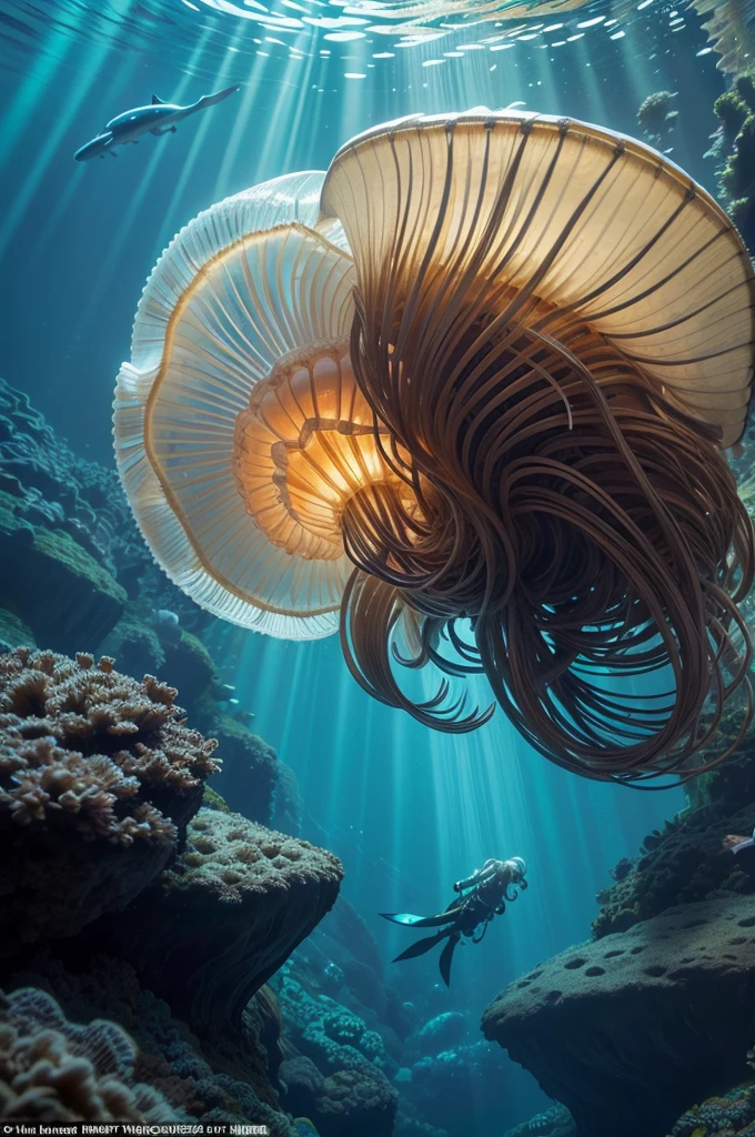 "Generate 10 hyper-realistic underwater images featuring a lion's mane jellyfish swimming in the ocean alongside a diver. Each scene should capture the jellyfish's intricate, translucent bell and its long, flowing tentacles with high detail. The diver, in realistic scuba gear, should be positioned next to the jellyfish, either observing or interacting with it. Ensure the background showcases crystal-clear ocean water with realistic lighting effects, sunbeams penetrating through the water, and natural marine textures. Each image should present a different angle or perspective, highlighting the majestic and delicate nature of the jellyfish and the diver’s presence in the serene ocean environment."