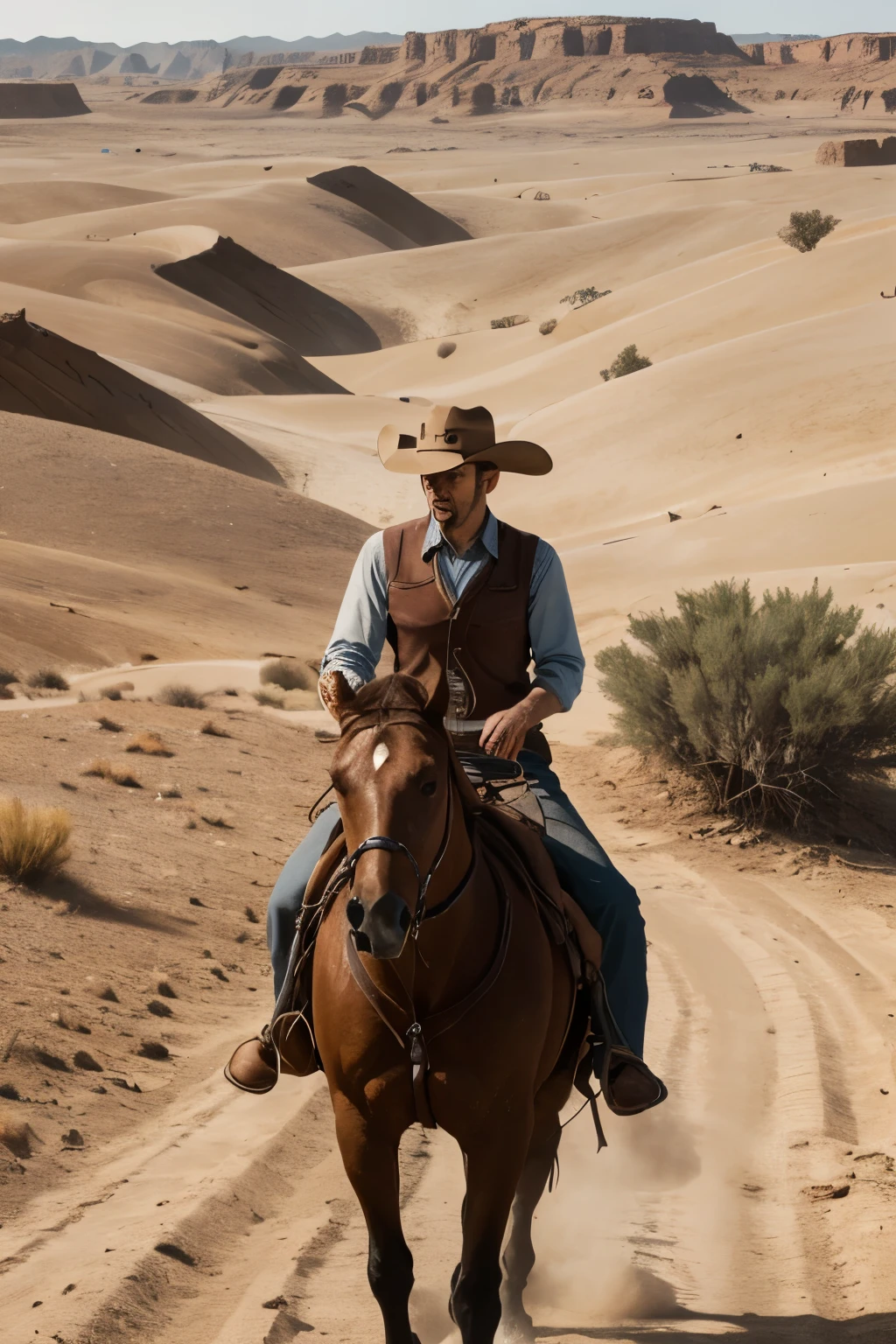 best quality, 8k, high resolution, detailed, realistic, Western Cowboy, dusty sand, deserted countryside,Wild West, Old West, 