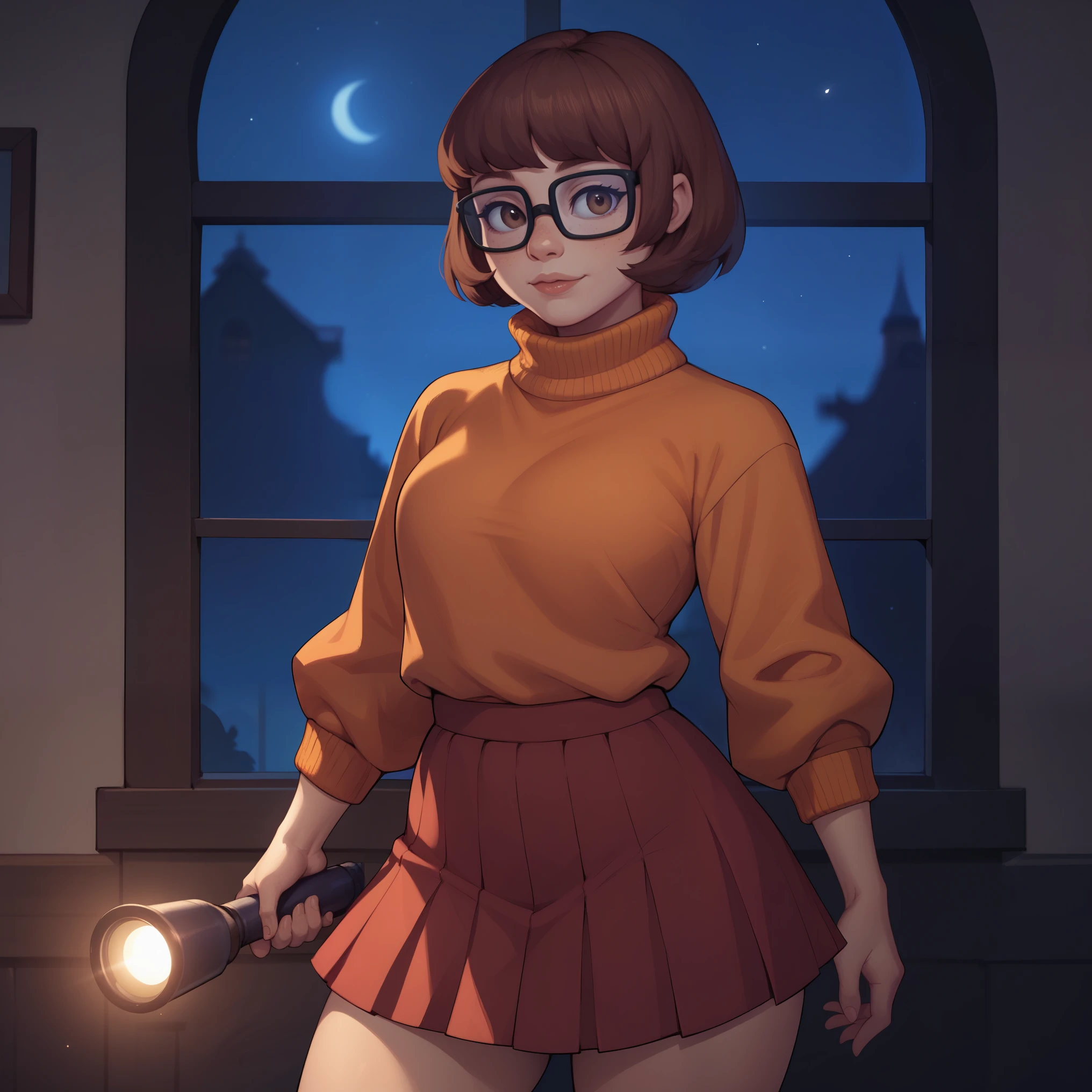 score_9, score_8_up, score_7_up, score_6_up BREAK solo,cowboy shot, pussy, heart shaped pubic hair above pussy, haunted house,velma,brown eyes,brown hair,red skirt,orange sweater,window, dim, night, looking at viewer, smirk, from the floor, bare feet, feet, HenHelperPos