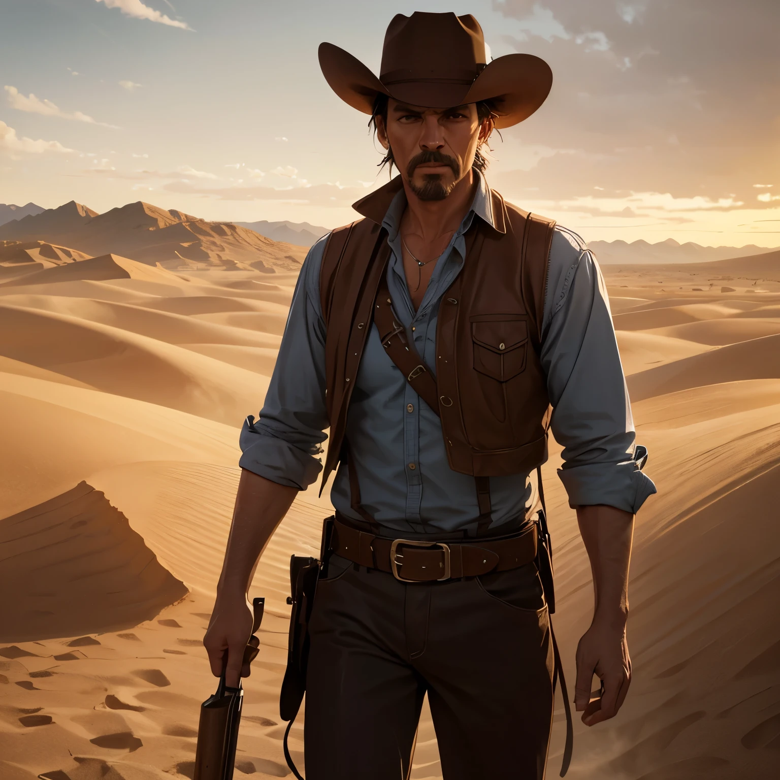 best quality, 8k, high resolution, detailed, realistic, Western Cowboy, dusty sand, deserted countryside,Wild West, Old West, 