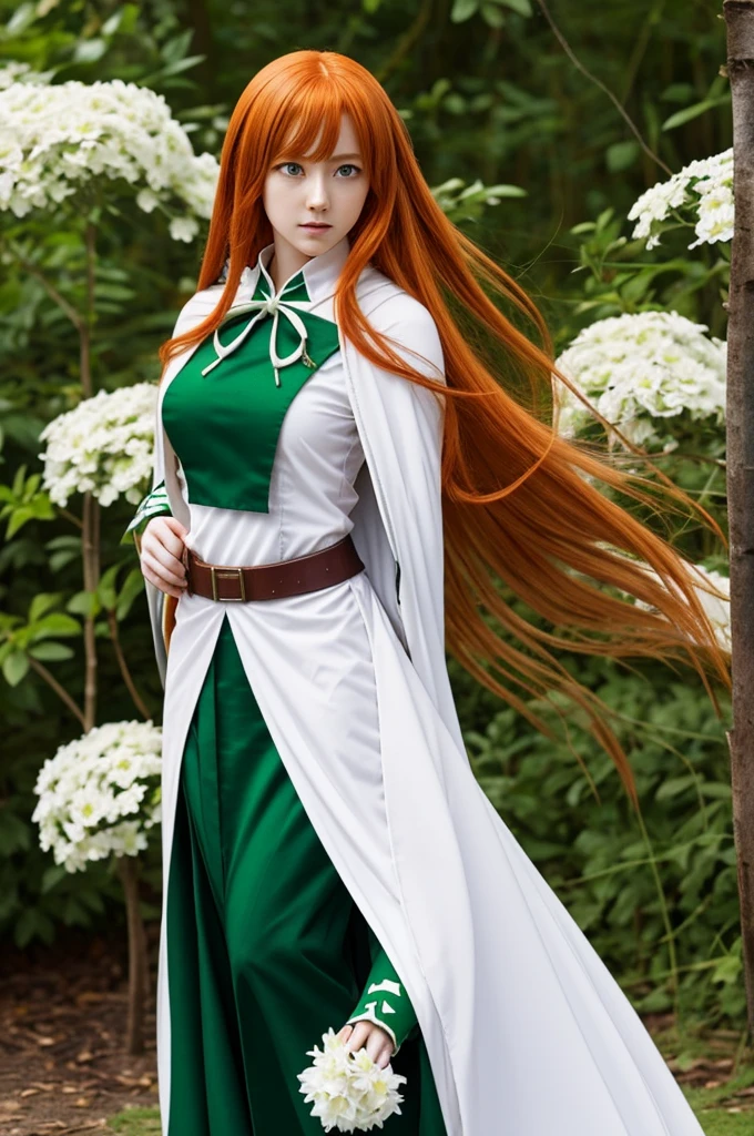 anime : demon slayer
she is a women
she has ginger hair and green with a white flower in
she has a hashira uniform and a cape with green flower