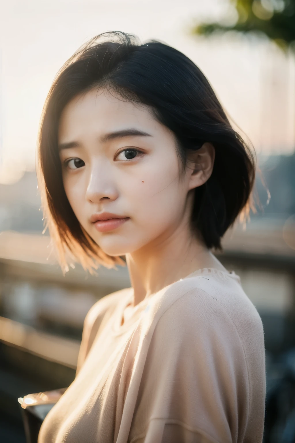 (Cinematic aesthetics:1.4) Photo of a beautiful Korean fashion model bokeh city morning sun, about to cry tears of joy