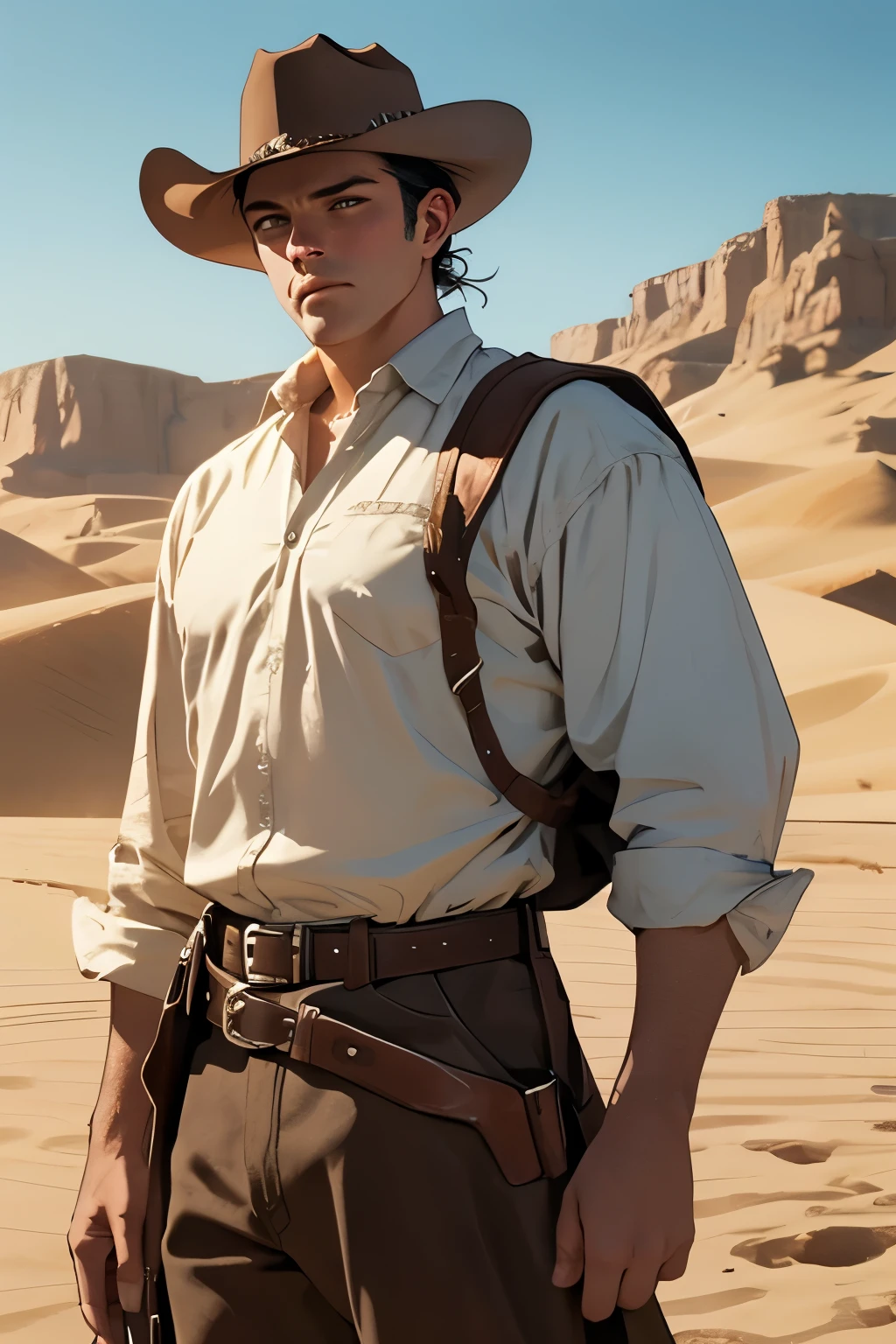 best quality, 8k, high resolution, detailed, masterpiece, Western Cowboy, dusty sand, countryside,Wild West, Old West, 