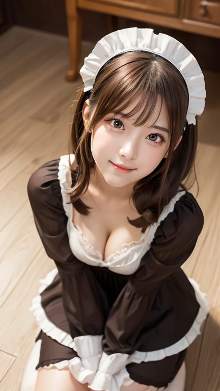 (One girl), Brown Hair, Great face and eyes, Pink Eyes, (Amazingly beautiful girl), Brown Hair, (Highest quality:1.4), (Very detailed), (Very detailed CG 統合 8k 壁紙), Very detailed, High resolution raw color photos, Professional photography, Depth of written boundary, messy hair、smile:1.1、Brown checked maid outfit、Headdress、Small breasts、cleavage 、Fine frills、twintails、bedroom、Sitting on the floor、Look Up、High angle、From above