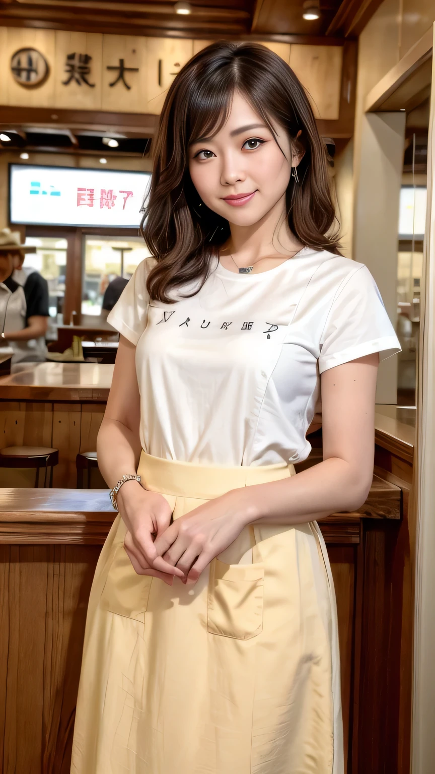 depth of field, cinematic lighting, uhd, masterpiece, anatomically correct, textured skin, 8k, Detailed eyes、Detailed face、Detailed expression、Cowboy Shot、One Japanese woman、Age 35、Cafe staff、Light Brown Hair,、 Dark brown eyes、Facing the camera、Bright smile、Plain white T-shirt and long skirt、High heels、Watching the audience、Cafe、Brown Apron、