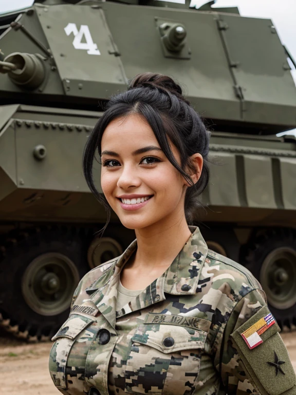 French, busty, black hair, messy bun, camo military fatigues, outdoor, barracks, loving gaze and big smile