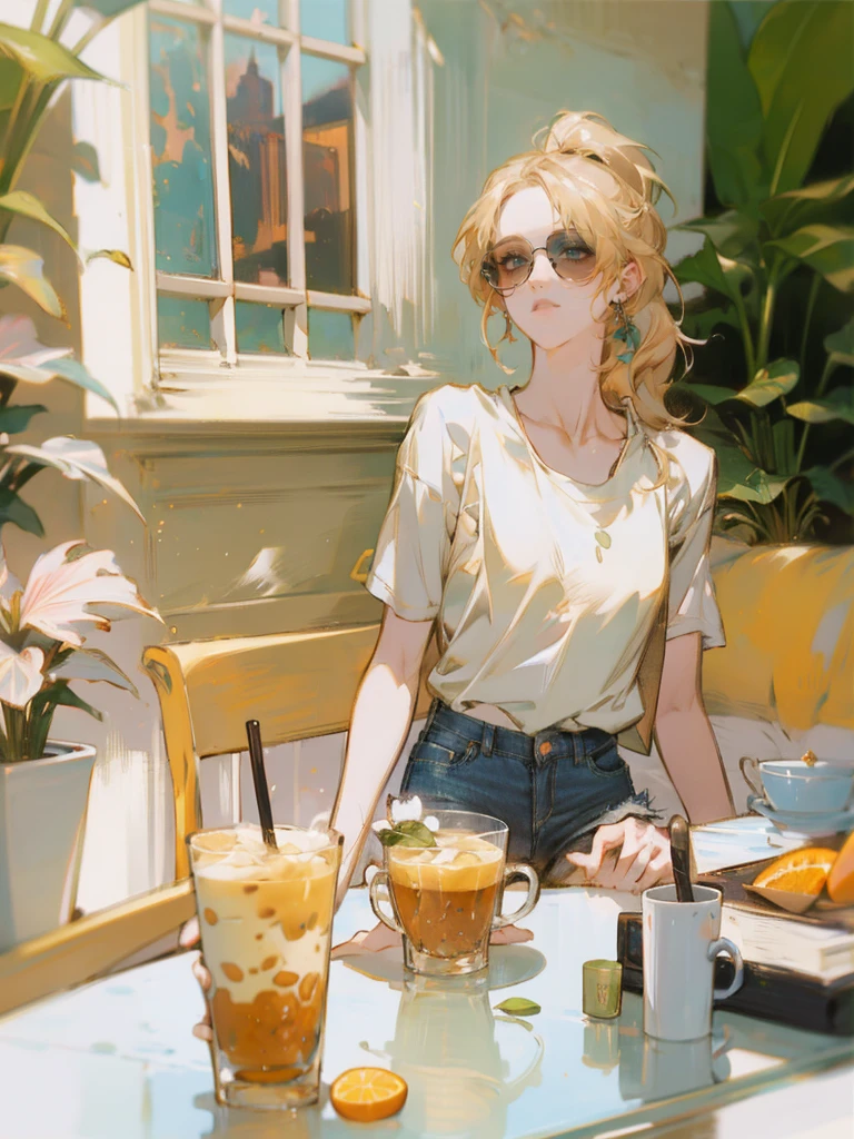 Beautiful girl, blonde, hair in a medium-length ponytail, no fringes, white T-shirt, blue jean shorts, sunglasses, slight smile, perfect, detailed face, sunny weather, café veranda, coffee table, green plants, a cup of matcha and a glass of cold orange juice on the table, drops of water on the glass of the glass, particles of light, she looks at the viewer., shy, sparkle, glowing light, chromatic aberration, cinematic lighting, Nikon, masterpiece, accurate, anatomically correct, textured skin, super detail, high details, best quality, 16k