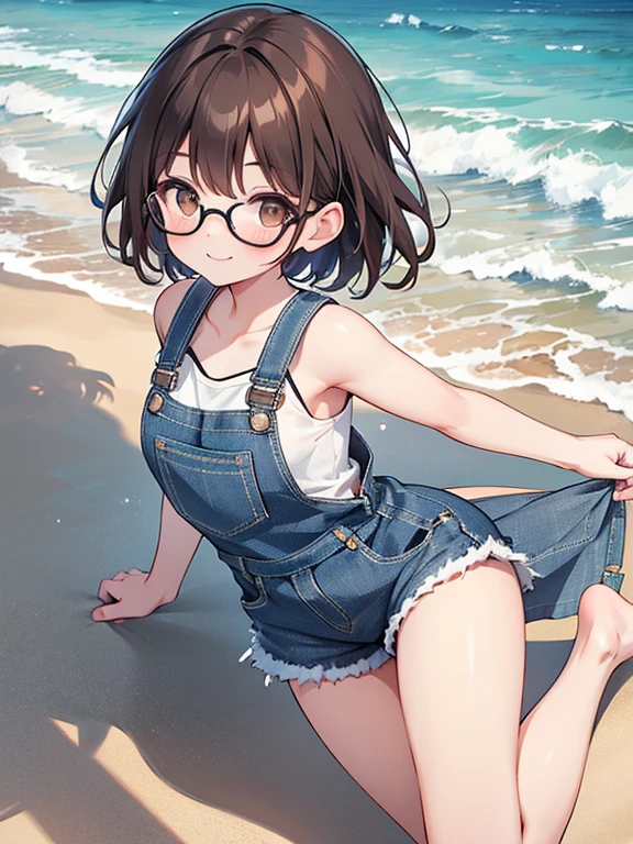 1 female、Brown hair、Brown eyes、Black frame glasses、seductive 、beautiful faces、perfect body。whole body, Best Quality、ultra detailed、8K resolution、photo and grosesa。running on the beach。barefoot, nightgown、denim shorts overalls。, a smile。