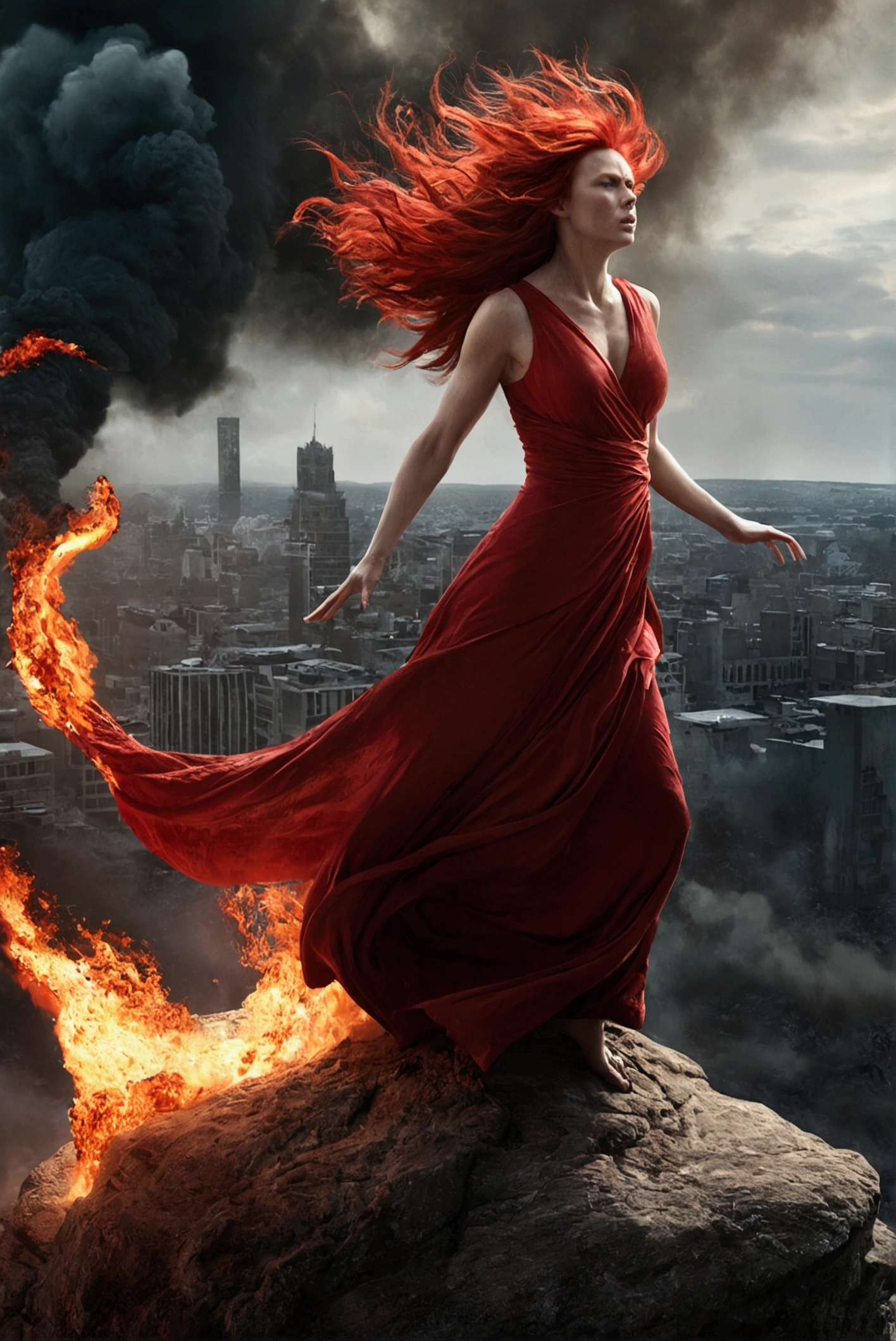 Create a hurt woman, on top of a rock, in an apocalyptic setting, with a red dress and hair flying in the wind, breathing fire through the hands and an evil look