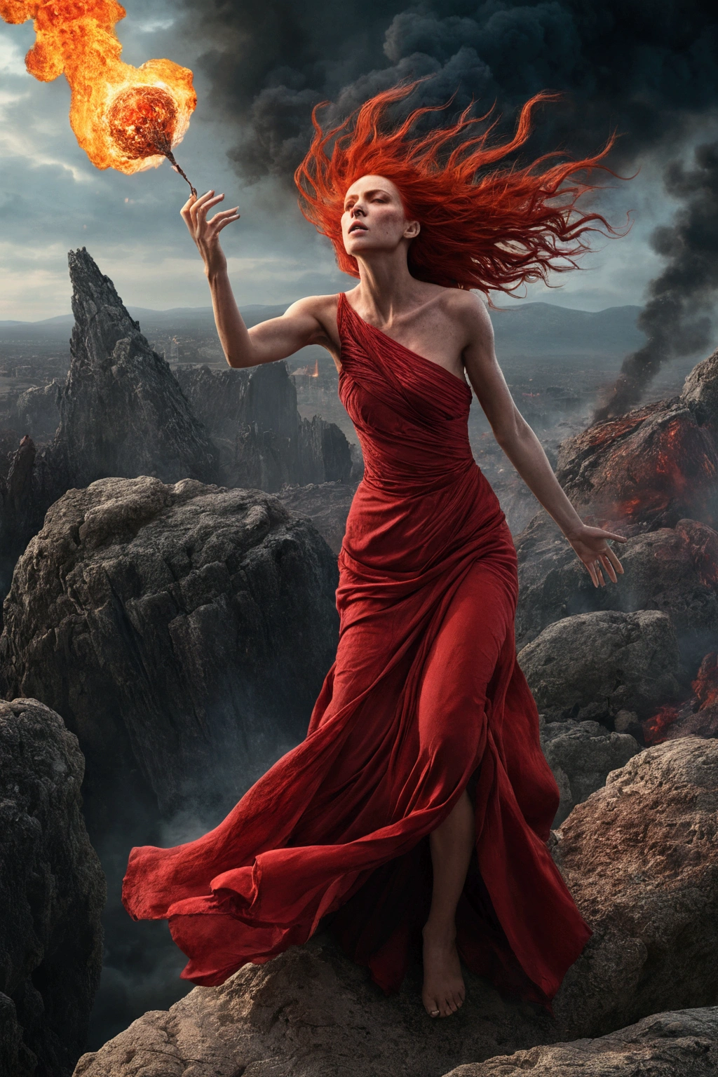 Create a hurt woman, on top of a rock, in an apocalyptic setting, with a red dress and hair flying in the wind, breathing fire through the hands and an evil look
