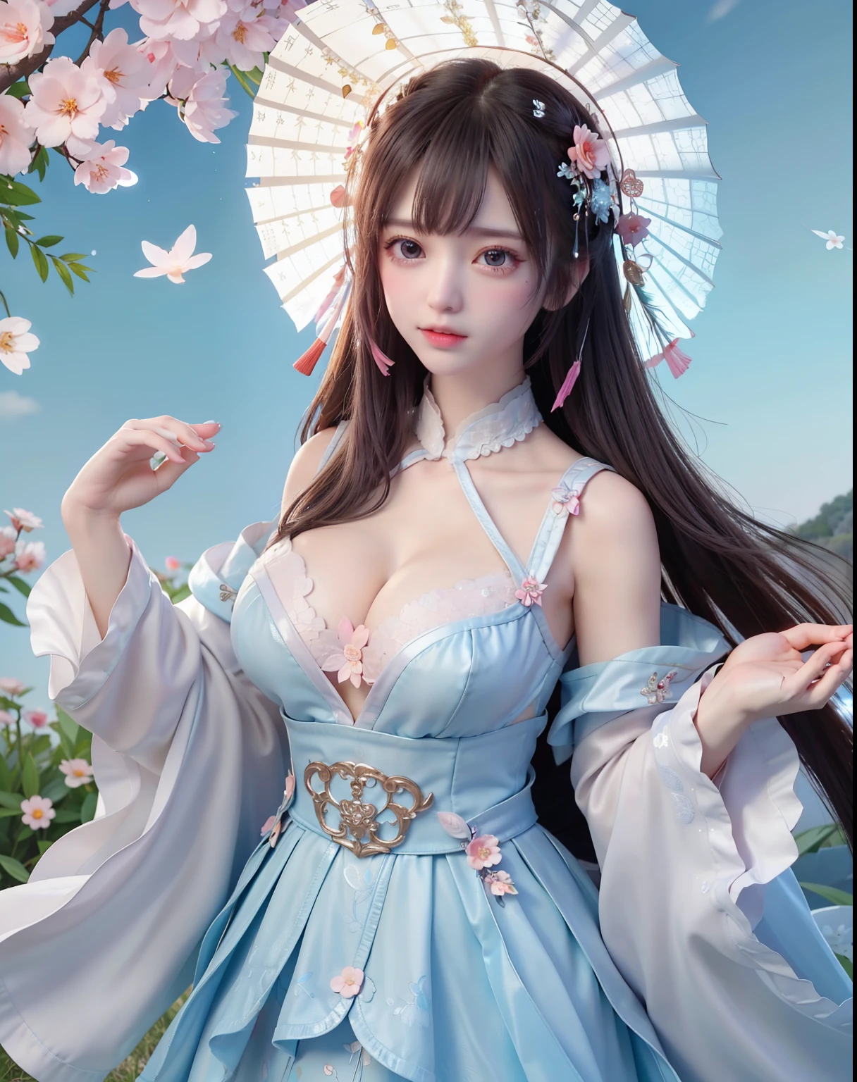 (8k, RAW photo:1.2), best quality, ultra high res,dramatic angle,(fluttered detailed color splashs), (illustration),(((1 girl))),(long hair),(rain:0.9), (Headdress:1.4),There is an ancient palace beside the girl,Hanfu,(Key Points),Color ink painting,(Splash of Color),Splash of Color,(((colorful))),(sketch:0.8) , Masterpiece, best quality, beautiful painted, highly detailed,(denoising:0.6),[splash ink],((ink refraction)), (beautiful detailed sky),moon,highly,detaild,(masterpiece, best quality, extremely detailed） CG Unity 8k Wallpaper，masterpiece，best quality，Ultra Detailed），（Lycoris）. hanfu open v   open V-chested clothes Thin silk lace dress , (huge ，),, white pink, blue ，best qualtiy，tmasterpiece，Ultra-high resolution，（Reality：1.4），RAW photogr，（True skin texture：1.3），（filmgrain：1.3），（Selfgle），1个Giant Breast Girl，Bul eye and face details，tmasterpiece，Best quality at best，，The chest more exposed， detailed hair, bra pink , detail 8k, upper body, lace petticoat