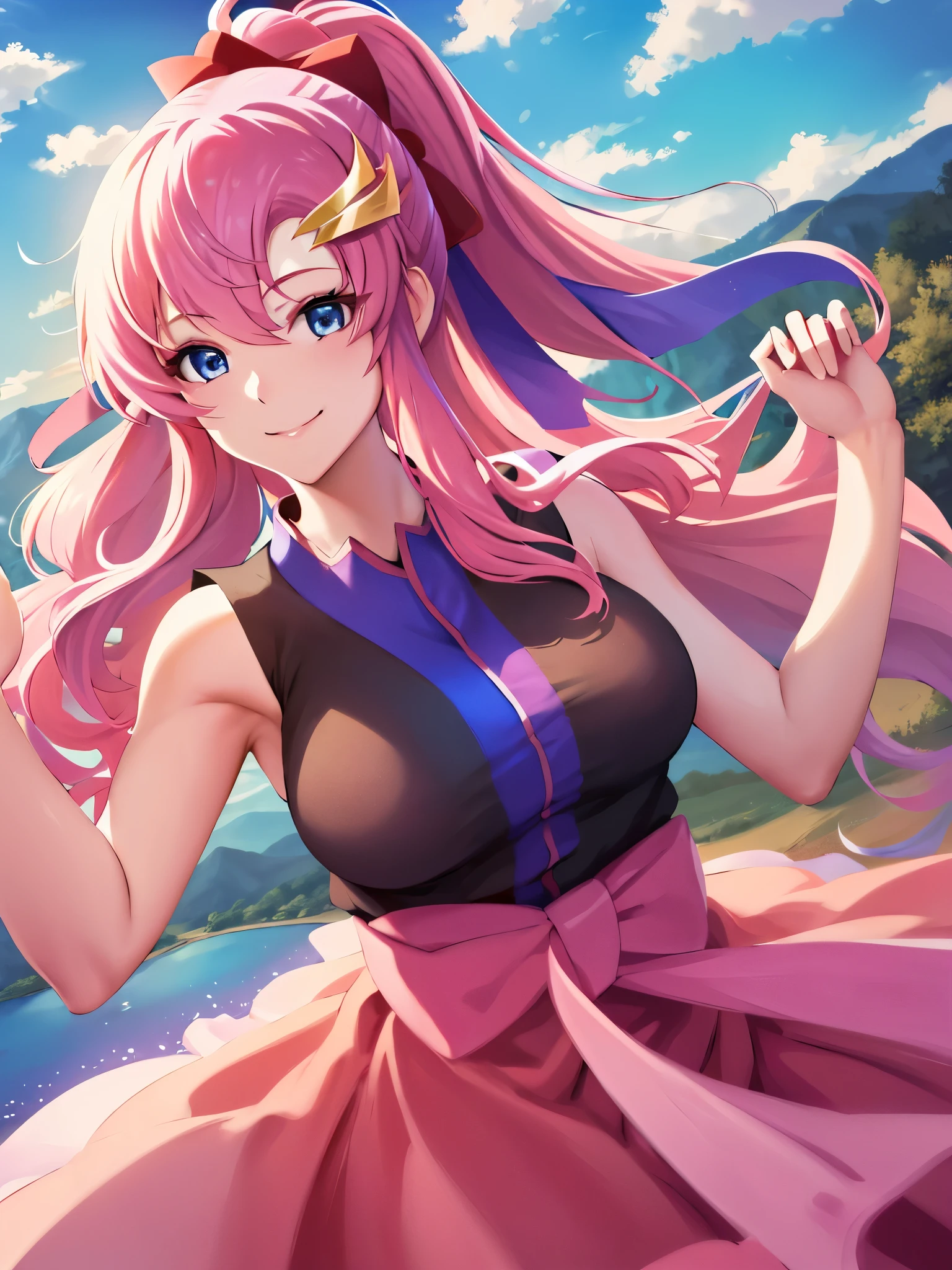 Armpit Show,masterpiece, Highest quality, High resolution, Lake 3, One Girl, alone, Lake 3, Pink Hair, Short kimono, blue eyes, hair ornaments, Very long hair, Sleeveless,Wedding dress, bow, Black , hair bow, ponytail, Floating Hair, Hair between the eyes, Big Breasts, whole body, Sheet, Spaceship, smile, 