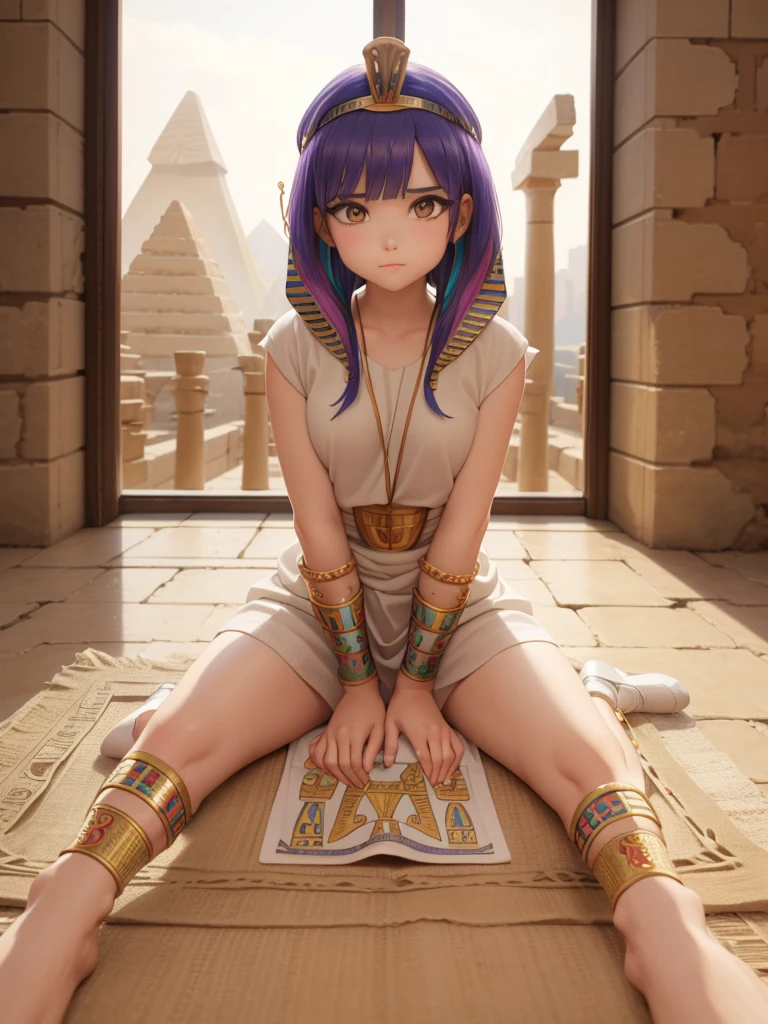 Cute ancient Egyptian princess、Colorful temples of ancient Egypt、The colorful streets of ancient Egypt、Artistic、detailed、Colored linen clothes、Sitting posture、front、Spread your legs