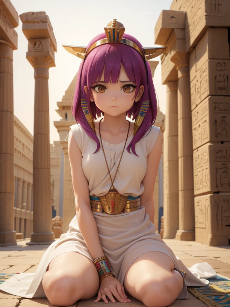 Cute ancient Egyptian princess、Colorful temples of ancient Egypt、The colorful streets of ancient Egypt、Artistic、detailed、Colored linen clothes、Sitting posture、front、Spread your legs