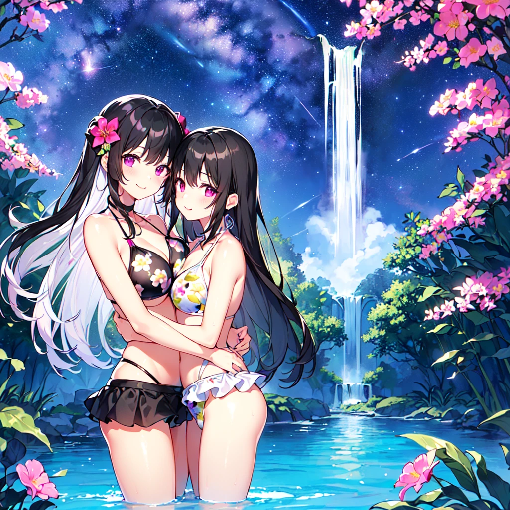 masterpiece, best quality, high quality, extremely detailed, very delicate and beautiful, (2 females 18 years old each:1.5), (long black hair up to waist with two side up:1.5), bangs to eyebrows, eyes (eyes sharp, strong and glossy, eyebrows glossy, (eye color magenta:1.3), 6.5 head height, (bikini swimsuit summer flower print:1.3), ruffles, (smile), (hug:1.3), (dynamic pose), (background waterfall forest:1.3) , (Milky Way Night Sky:1.3)
