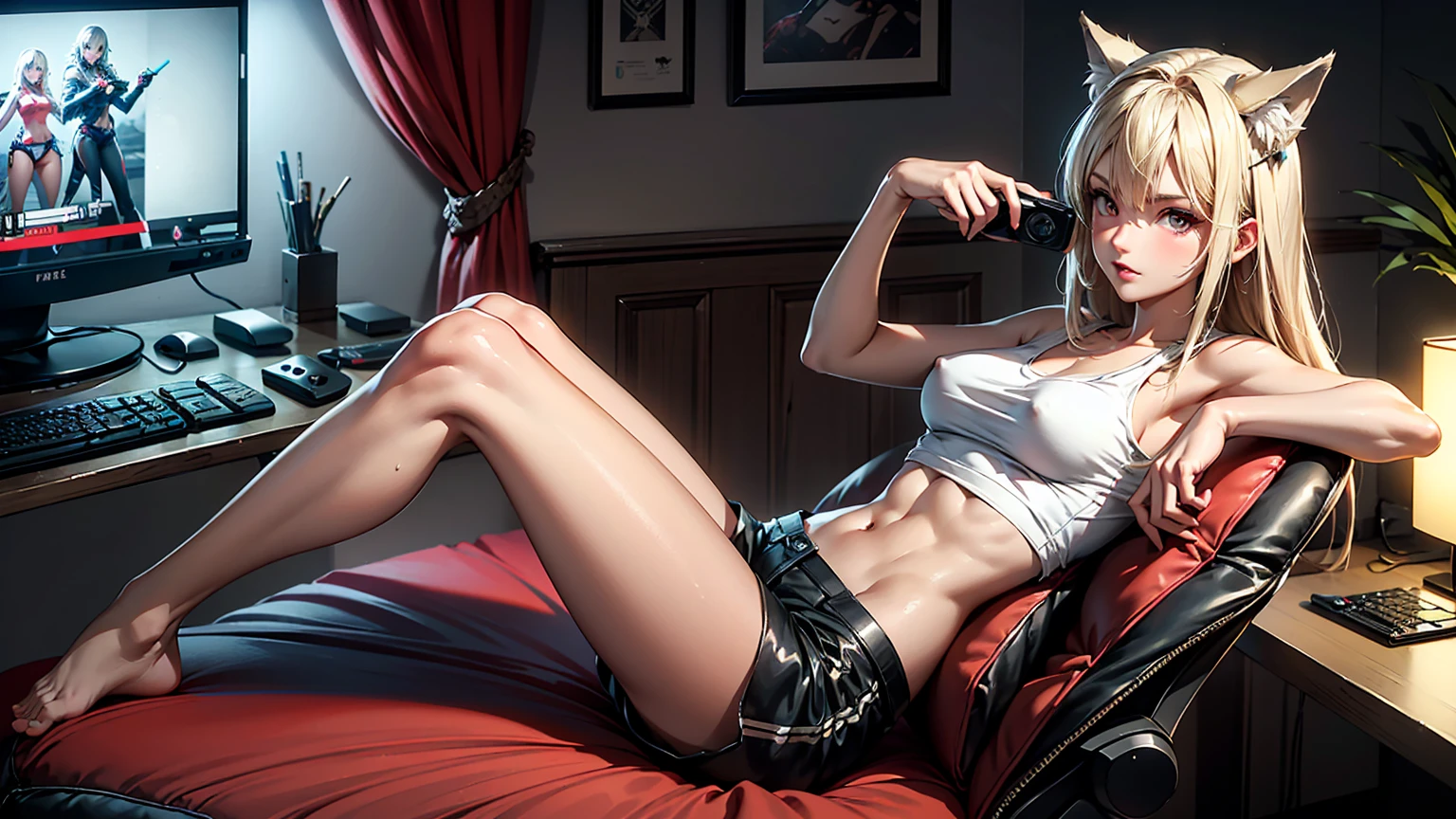 Create a high-quality image of a stunning 18-year-old wolf girl with tan skin. She has long blonde hair and captivating red eyes, wearing a see-through blue tank top that shows her midriff barely covers her nipples and tight sleep shorts. She has an exotic wolf tail thats very fluffy! She is sitting on the edge of her bed in a dimly lit, gaming bedroom with the window open, letting in a gentle night breeze. Her posture is alluring, with one leg bent up and the other stretched out, facing the camera seductively. The room is decorated with modern nerdy items, showcasing her love for video games and anime, including a high-end gaming PC, sleek gaming desk, ergonomic gaming chair, and the latest gaming console, as well as stylish anime posters and figurines. The overall ambiance is cozy and intimate, with intricate details enhancing the high-quality visual artistry.