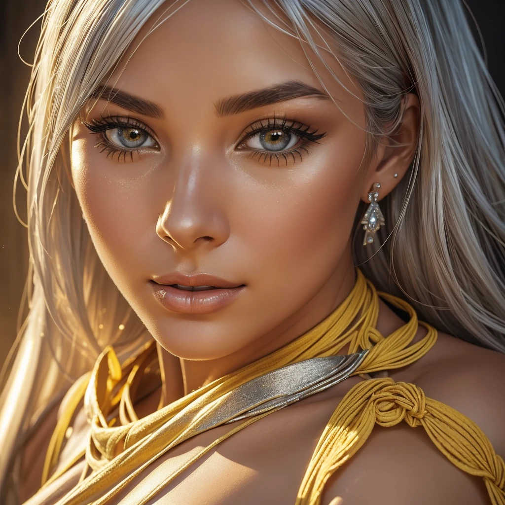 A woman with silver hair wearing a yellow swimsuit The woman is the main subject of the image, with a realistic and photorealistic portrayal. Please ensure that her eyes, nose, and lips are detailed. The dress should be depicted in a vibrant yellow color. The image should capture the realism of the human figure, showcasing the intricate details of the woman's face and body. The background can be simple or abstract, but should not distract from the main subject. The lighting should highlight the woman's features and create a natural, soft ambiance, full body portrait