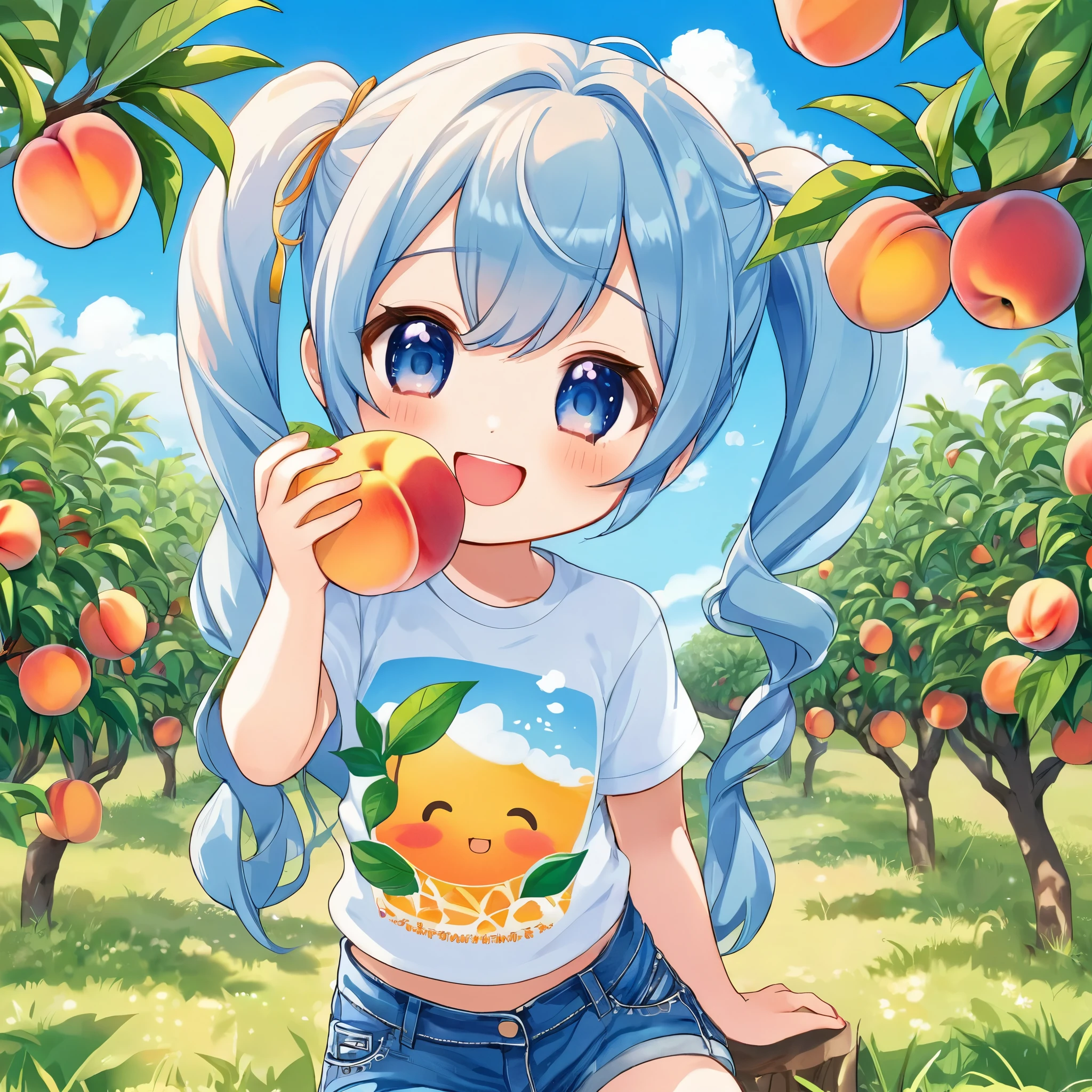 Light blue long hair、Cute chibi character with twin tails、blue sky、White cloud、A lot of peaches on a peach tree、、Surrounded by peaches, Smiling happily、Showing the best smile.、A little character is eating a peach、Delicious smile、T-shirt and denim shorts