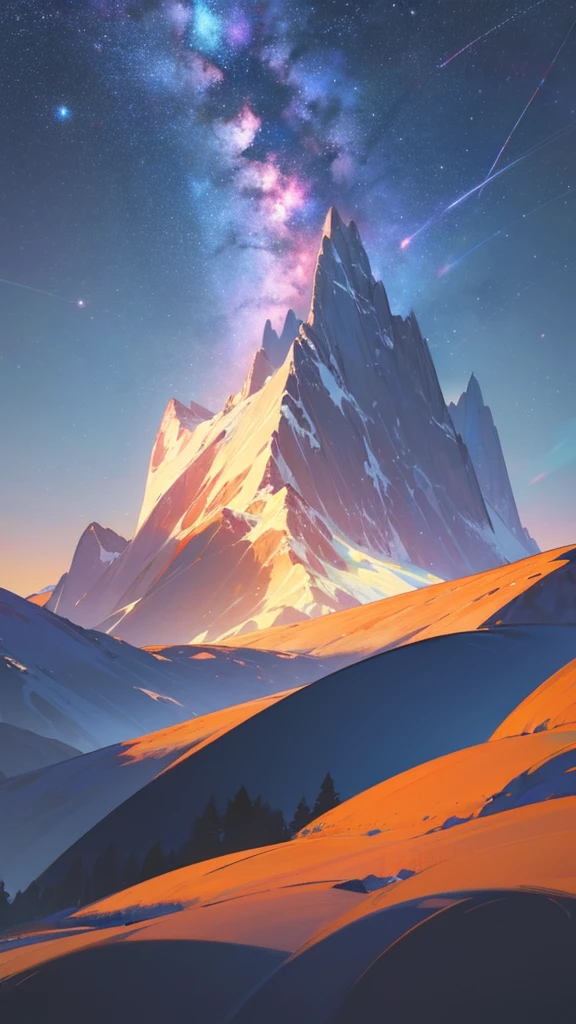 a painting of a mountain range with a starr sky above it, night sky; 8k, starry sky 8 k, ryan dyar, mountainscape, amazing wallpaper, 4k highly detailed digital art, 8k stunning artwork, wallpaper 4k, wallpaper 4 k, mountains in the background, magnificent background, 4 k hd wallpaper very detailed, view of the cosmos
