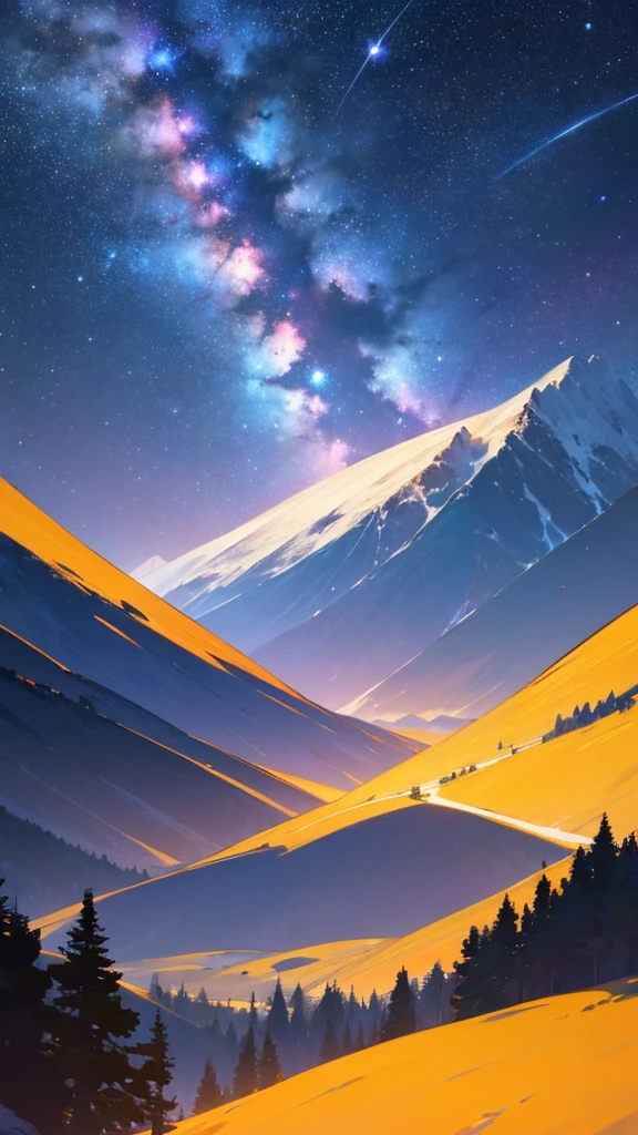 a painting of a mountain range with a starr sky above it, night sky; 8k, starry sky 8 k, ryan dyar, mountainscape, amazing wallpaper, 4k highly detailed digital art, 8k stunning artwork, wallpaper 4k, wallpaper 4 k, mountains in the background, magnificent background, 4 k hd wallpaper very detailed, view of the cosmos