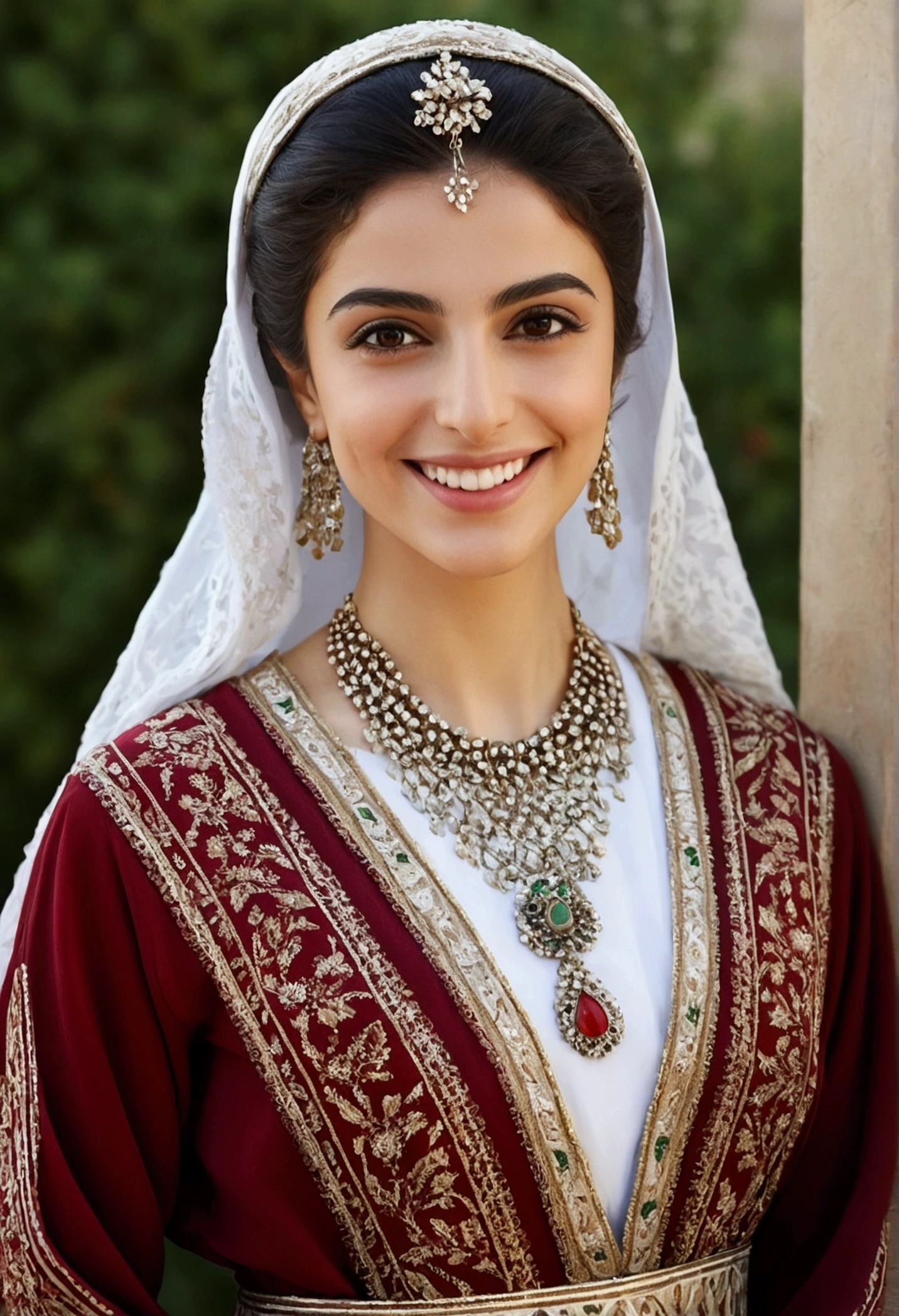 A young and beautiful Iranian woman who resembles Iranian actress Tarane Aridusti wears traditional clothing、Smile、whole body