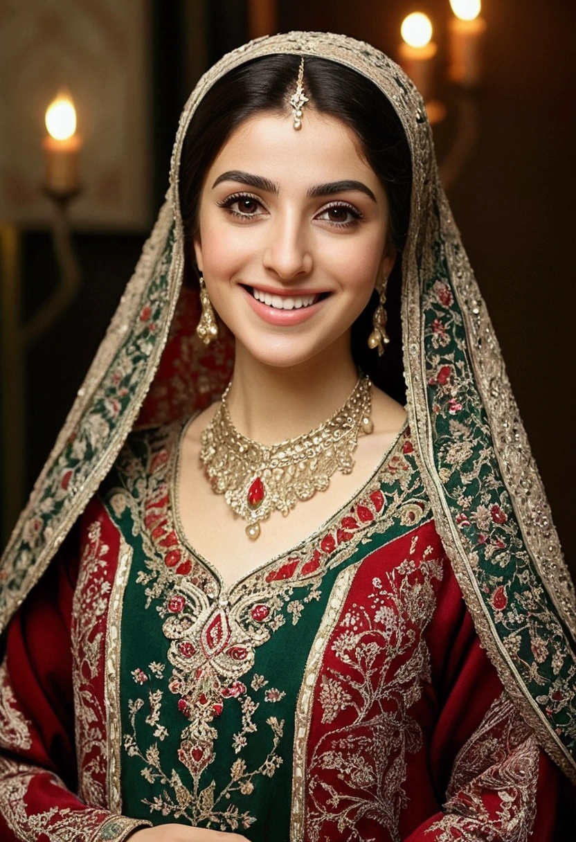 A young and beautiful Iranian woman who resembles Iranian actress Tarane Aridusti wears traditional clothing、Smile、whole body