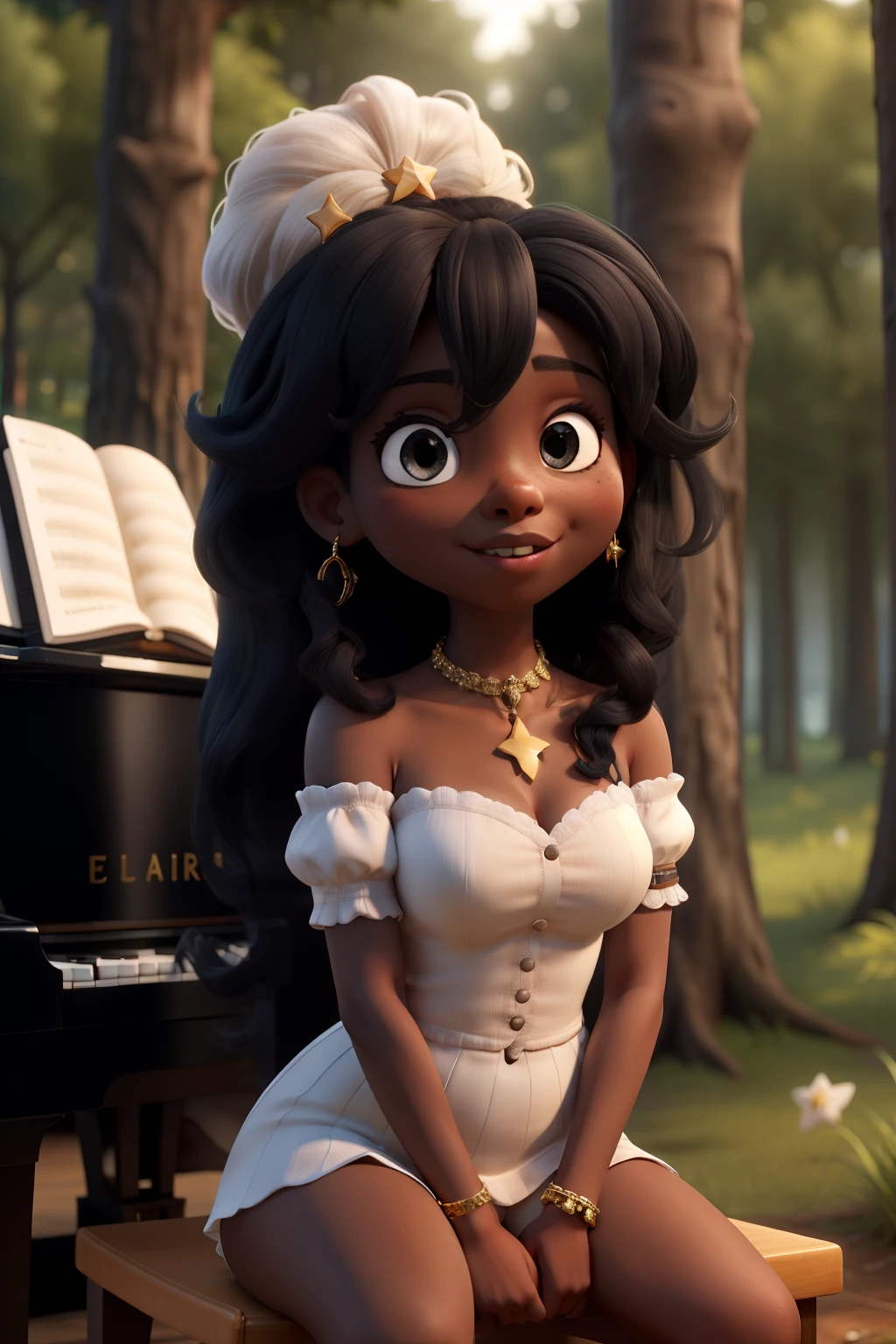Elffa Star with black skin and long white hair sitting on a piano in the forest wearing a white pop diva outfit