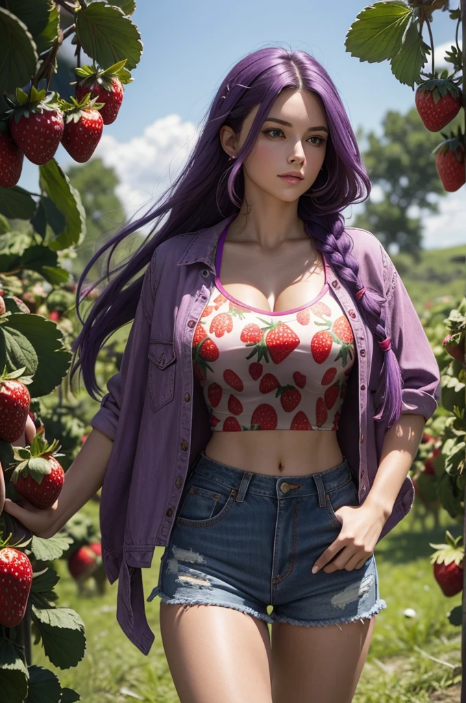 Beautiful Caucasian woman. Fitness body. Big, round breasts. Just one woman. Alone. Western woman. Long hair with 1 braid. Purple hair. Bright purple eyes. She is wearing shorts with a strawberry print, a red shirt with a strawberry print, a denim vest over it, and boots. She is in a field full of strawberries around her. Dynamic light. Dynamic shadows. High resolution.