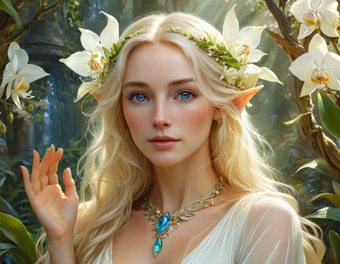 photo-realistic image of a beautiful elf woman with fair skin, "light blonde hair", and "striking blue-green eyes". She is wearing a delicate necklace with a white-transparent orchid pendant. "Her attire is a very thin, light, and completely transparent white silk ribbon", draped around her neck, crossing over her chest, and tied at the waist. The transparent white silk ribbon does not cover her sides, leaving her hips and thighs exposed. The ribbon only covers her breasts and crotch area, emphasizing its delicate, sheer, and revealing nature. Elaria stands before a magnificent statue of the goddess of love in the center of an elven sanctuary. The statue depicts the nude goddess with outstretched arms, blessing everything around her. Elaria gazes intently at the face of the goddess, her hands folded in a gesture of prayer. Around her neck is a decoration in the shape of a translucent white orchid, which gently shimmers in the sunlight. She is surrounded by blooming bushes, and magnificent trees with sprawling canopies grow around. Nearby, a small stream flows, quietly babbling and harmonizing with the birds' songs.