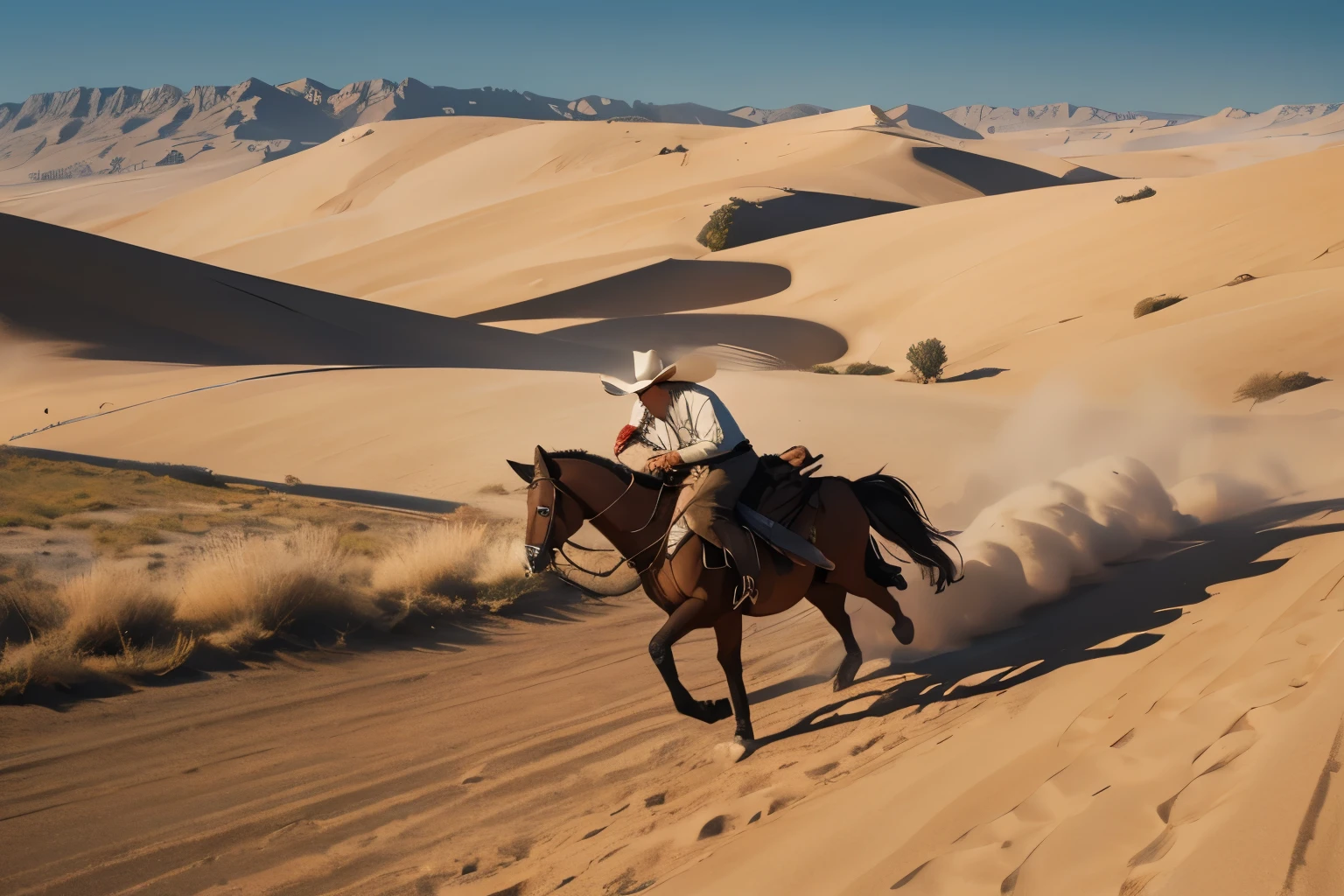 best quality, 8k, high resolution, detailed, masterpiece, Western Cowboy, dusty sand, deserted countryside,Wild West, Old West,