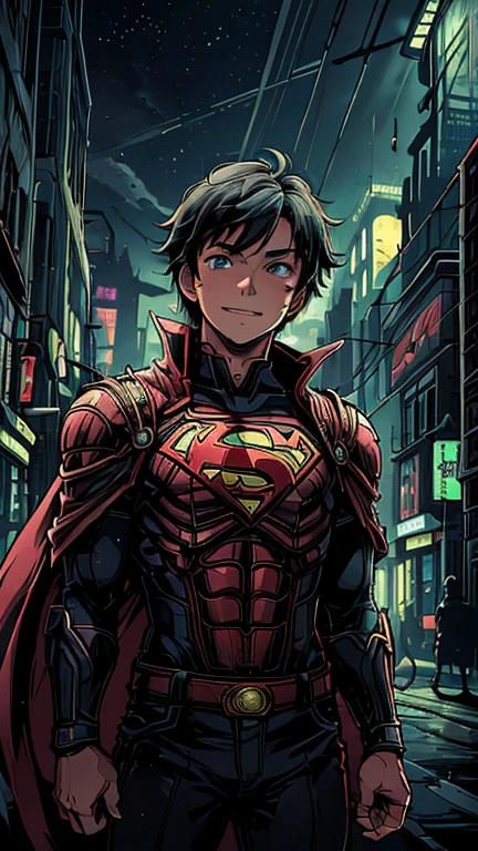 (8k),(masterpiece),(Japanese),(13-year-old boy),((innocent look)),((Childish)),From the front,Cowboy shot, upper body, smile,cute,Innocent,Kind eyes,Flat chest, DC Superman superhero, red cape, short,Hair blowing in the wind, Black Hair,Strong wind,midnight,dark, pitch black, Neon light gothichorrorai Metropolis City,