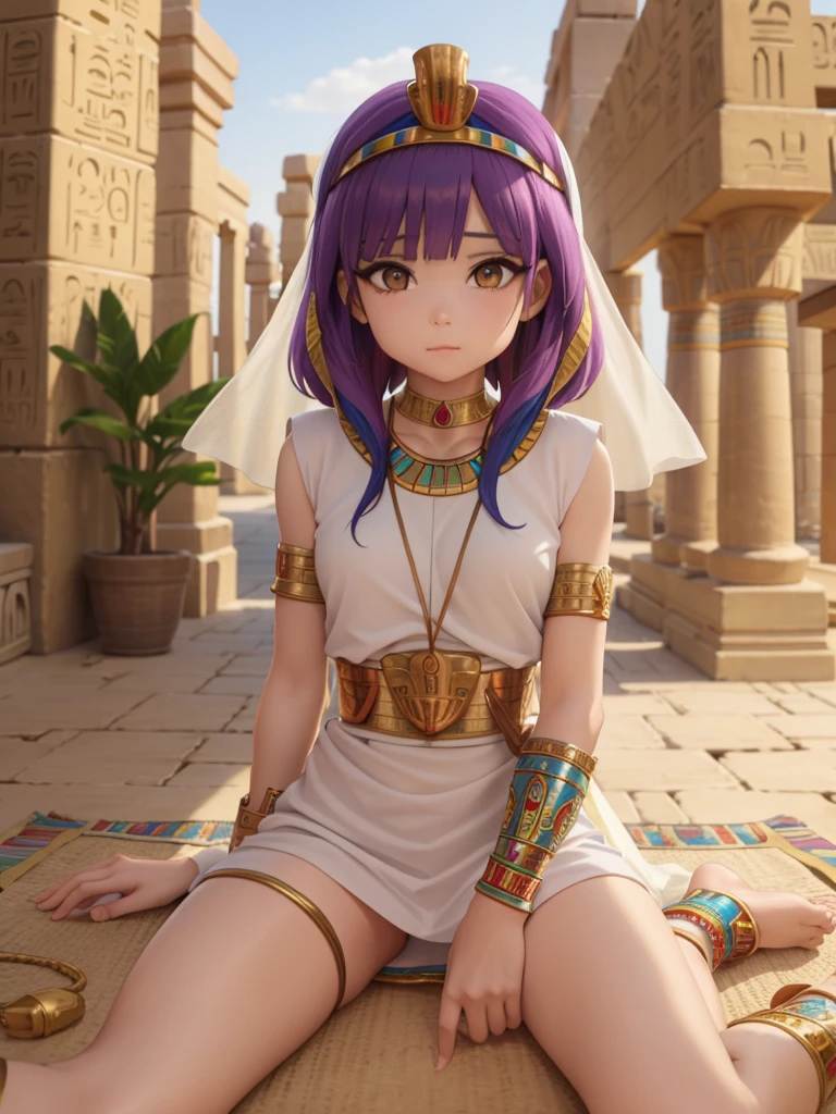 Cute ancient Egyptian princess、Colorful temples of ancient Egypt、The colorful streets of ancient Egypt、Artistic、detailed、Colored reed clothing、Sitting posture、front、Spread your legs