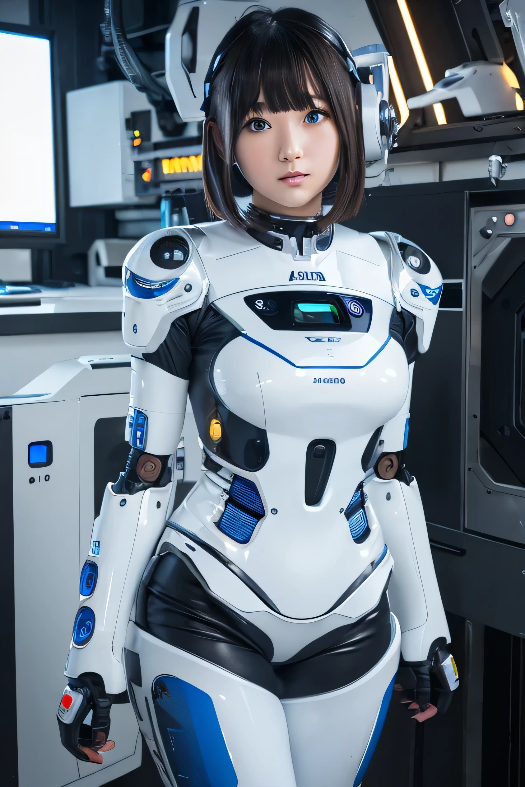 masterpiece, best quality, extremely detailed, Japanese android girl,Plump ,control panels,robot arms,robot,android,cyborg,white robot body,blunt bangs,robot repair plant,skinny pants,boots,blue eyes