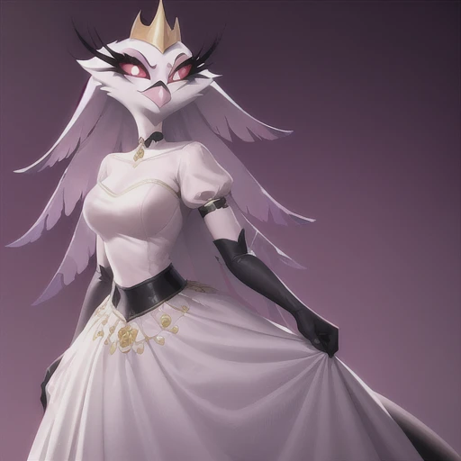 (best quality, masterpiece:1), furry female anthro stella, owl, portrait, stelladress, white dress, black belt, pink beak,  standing, gold crown, looking to the side, closed mouth, smile, wide-eyed, white pupils, elbow gloves, choker, pink gradient dress, (dimly lit fancy formal ball background:1.0), 