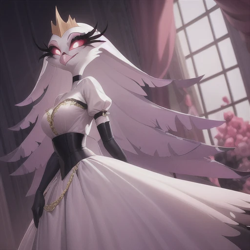 (best quality, masterpiece:1), furry female anthro stella, owl, portrait, stelladress, white dress, black belt, pink beak, standing, gold crown, looking to the side, closed mouth, smile, wide-eyed, white pupils, elbow gloves, choker, pink gradient dress, (dimly lit fancy formal ball background:1.0),