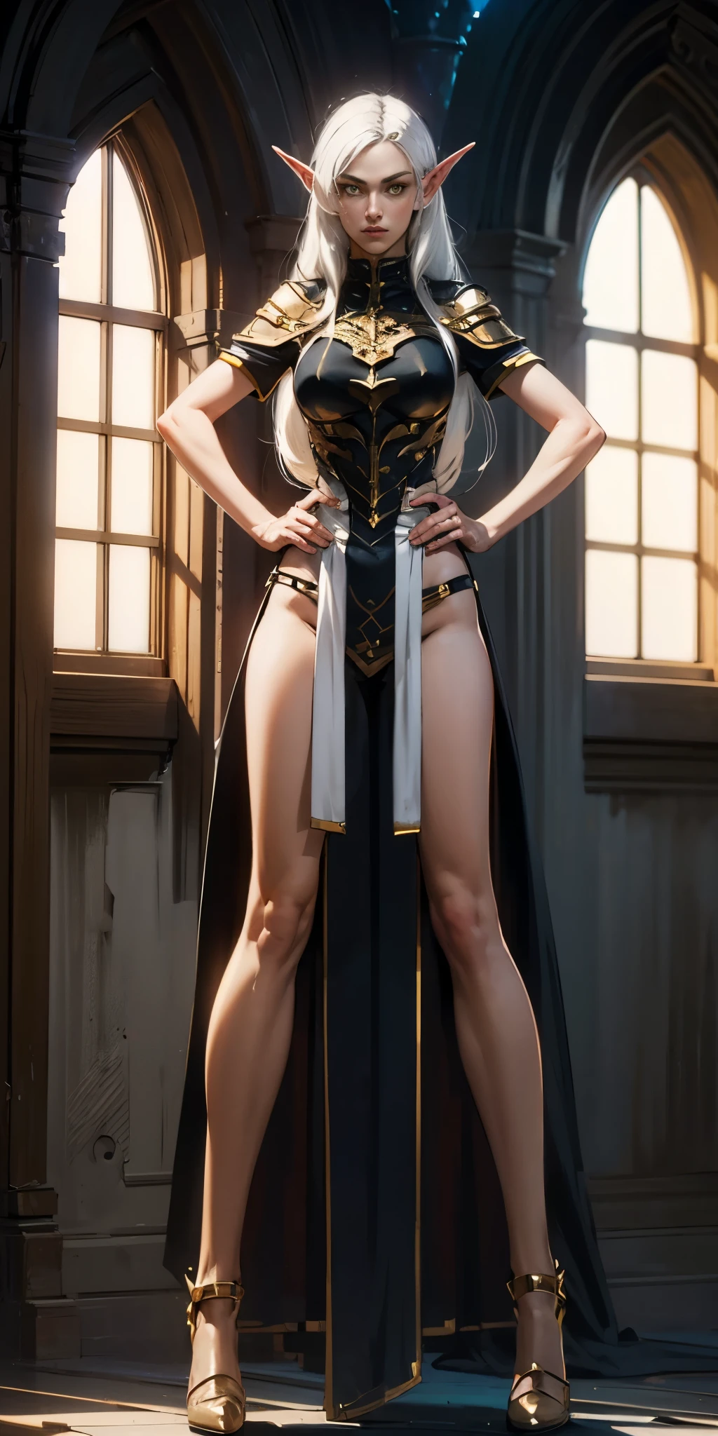 masterpiece, best quality, high quality, Erwin, elf, long hair, white hair, yellow eyes (1solofemale full body standing straight symmetrical, hands on hips)