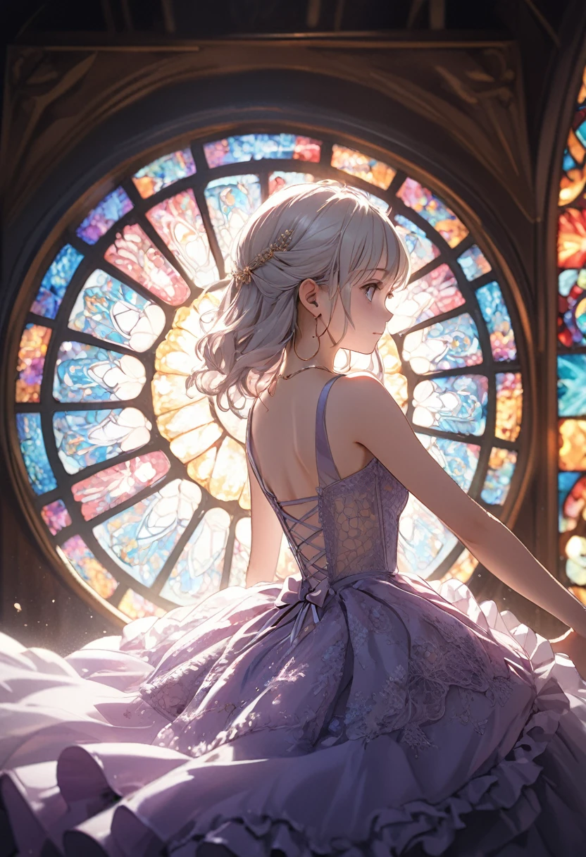((Masterpiece)), ((best quality)), ((kawaii)), ((extremely detailed)), (sketch:0.3), (RAW photo:1.2), (8K), (High Definition:1.3), (Professional Photography:1.2), cinematic lighting, (very aesthetic:1.2), (absurdres:1.2), (sharp focus), (perfect light), from behind, ((12 years old)), cute teenage girl, sad smile, (hoop dress), (Ruffled Dress), (lace), small breast, Super intricate lace pattern, colorful lace pattern, (stained glass background), kaleidoscope, light-up, bustier, open back, sexy posing, (pale silver hair), (deep purple eyes)