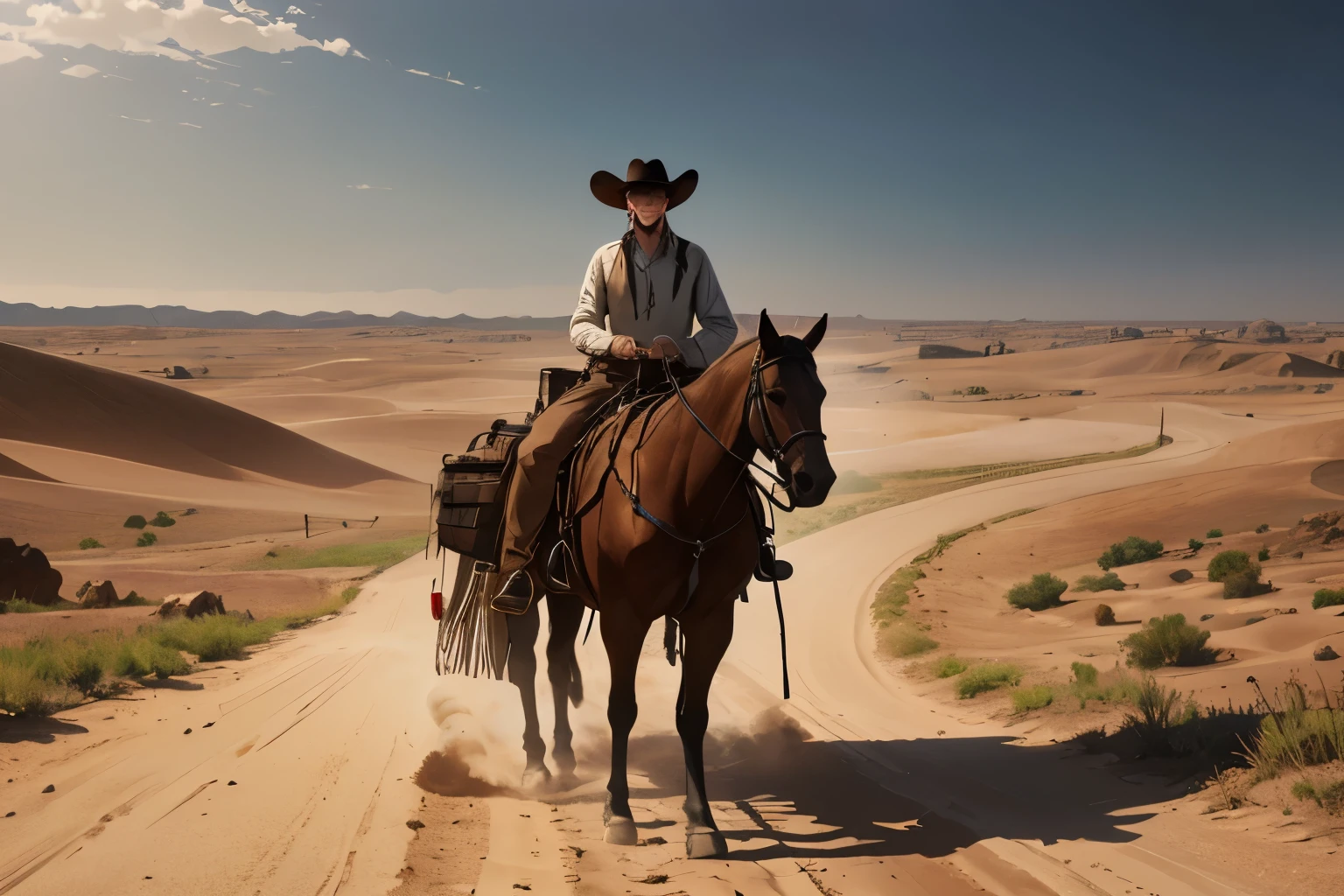 best quality, 8k, high resolution, detailed, realistic, Western Cowboy, dusty sand, deserted countryside,Wild West, Old West,