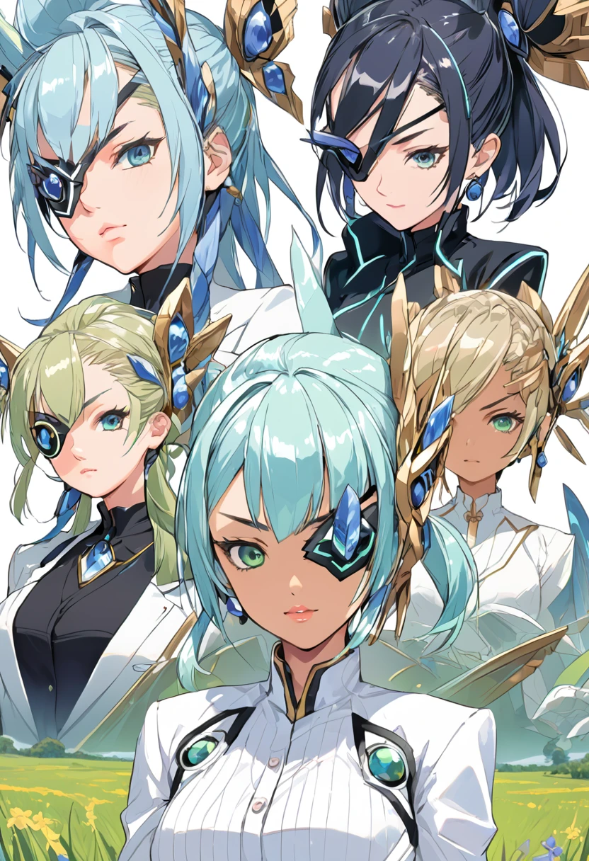 Mikumari \(Xenoblade\)masterpiece, Highest quality, ((1 person)),Blue Hair,Green Eyes,Serious expression, smile,Upper Body,Line art,Medium Hair,White blazer,Black T-shirt,Big Breasts,Bunhead,Two dumplings,Black Mask,No horns, Expressionless blue eyes,((Kubo Obito Style)) Detailed face, Face Focus, Are standing, Black Hair,(hair ornaments:1.35),office lady, Sleeves edged with ribbon, Removable sleeves, Ribbon trim, Wide sleeves, (View your audience:1.5) Long Hair, iris, bangs, lips,smile,grassland