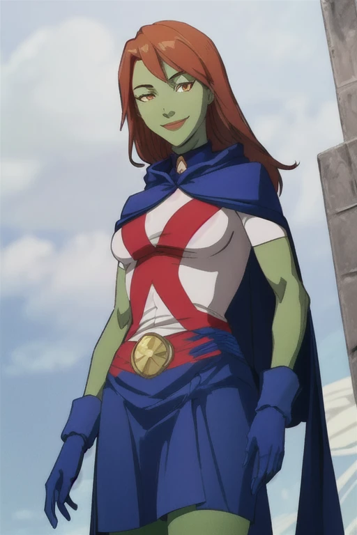 MissMartianYJ, girl1, solo, orange eyes, green skin, hair, White shirt, red X logo, blue gloves, long blue cape, short sleeves, blue skirt, smile, Masterpiece, Best Quality, Breasts, From below,