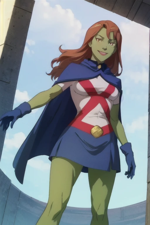 MissMartianYJ, girl1, solo, orange eyes, green skin, hair, White shirt, red X logo, blue gloves, long blue cape, short sleeves, blue skirt, smile, Masterpiece, Best Quality, Breasts, From below,