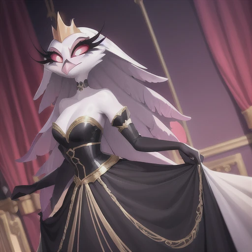 (best quality, masterpiece:1), furry female anthro stella, owl, portrait, stelladress, white dress, black belt, pink beak,  standing, gold crown, looking to the side, closed mouth, smile, wide-eyed, white pupils, elbow gloves, choker, pink gradient dress, (dimly lit fancy formal ball background:1.0), 