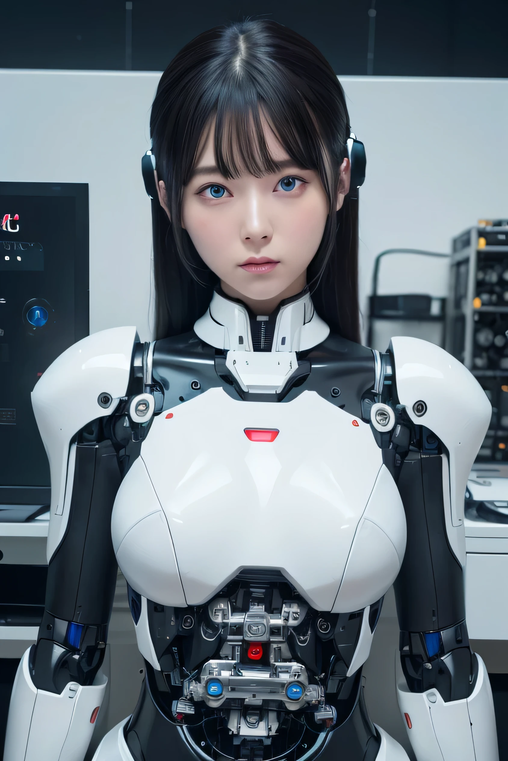 masterpiece, best quality, extremely detailed, 8K portrait,1girl in, Japaese android girl,android teacher,Plump , control panels,android,Droid,Mechanical Hand, ,Robot arms and legs, Black hair,Mechanical body,Blunt bangs,White Robotics Parts,perfect robot woman,Charging spot,perfect mechanical body,white robotics body,android assembly plant,white body,She has repaired,black sponge joints,android,laboratory,perfect machine body,white robot body,blue eyes
