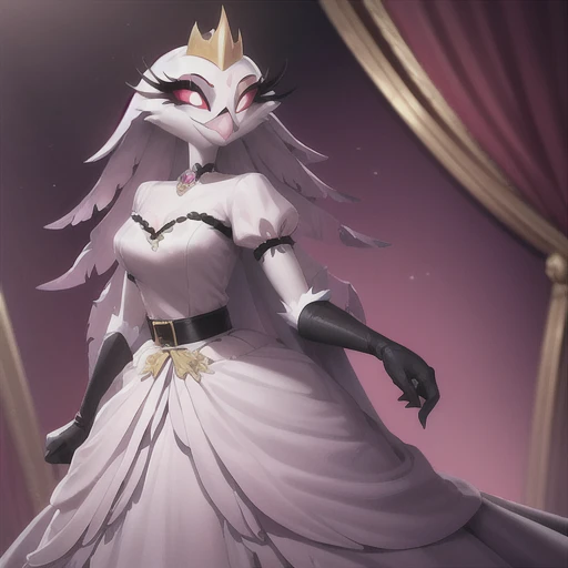 (best quality, masterpiece:1), furry female anthro stella, owl, portrait, stelladress, white dress, black belt, pink beak, standing, gold crown, looking to the side, closed mouth, smile, wide-eyed, white pupils, elbow gloves, choker, pink gradient dress, white cape
